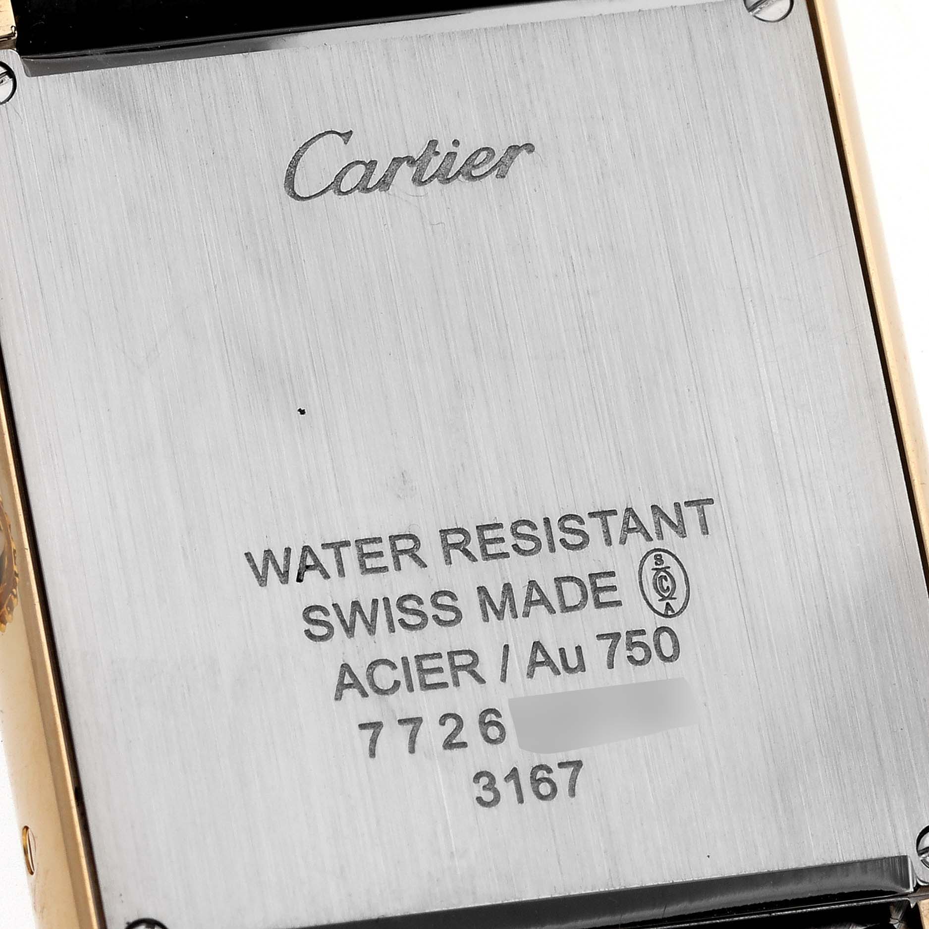 This is the back case of a Cartier Tank Solo 62230 Men
s Yellow Gold Silver Dial 62230 Men
s Yellow Gold Silver Dial watch, showcasing its inscriptions and water resistance information.