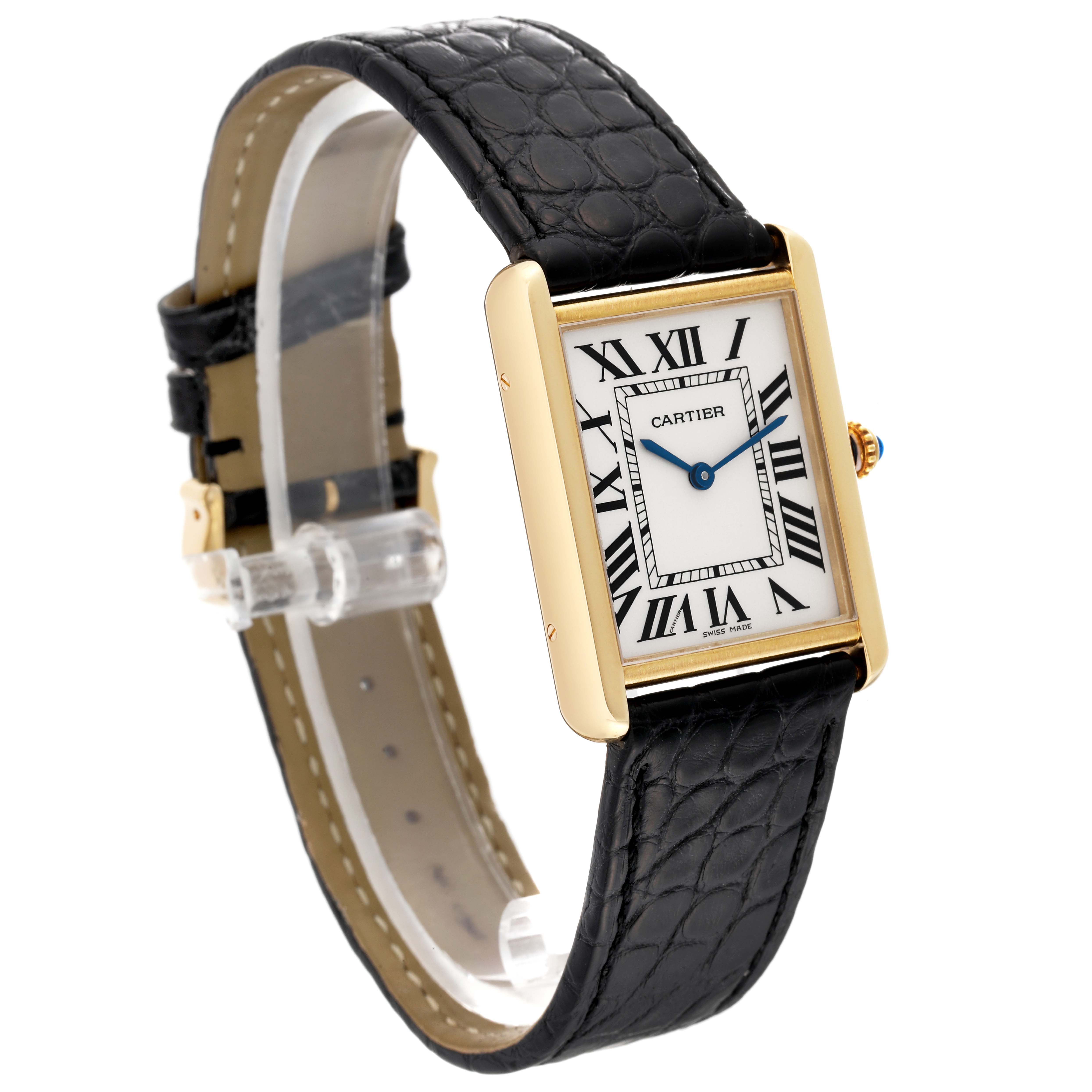 The Cartier Tank Solo 62230 Men
s Yellow Gold Silver Dial 62230 Men
s Yellow Gold Silver Dial watch is shown at a slight angle, displaying its face, black leather strap, and gold casing.