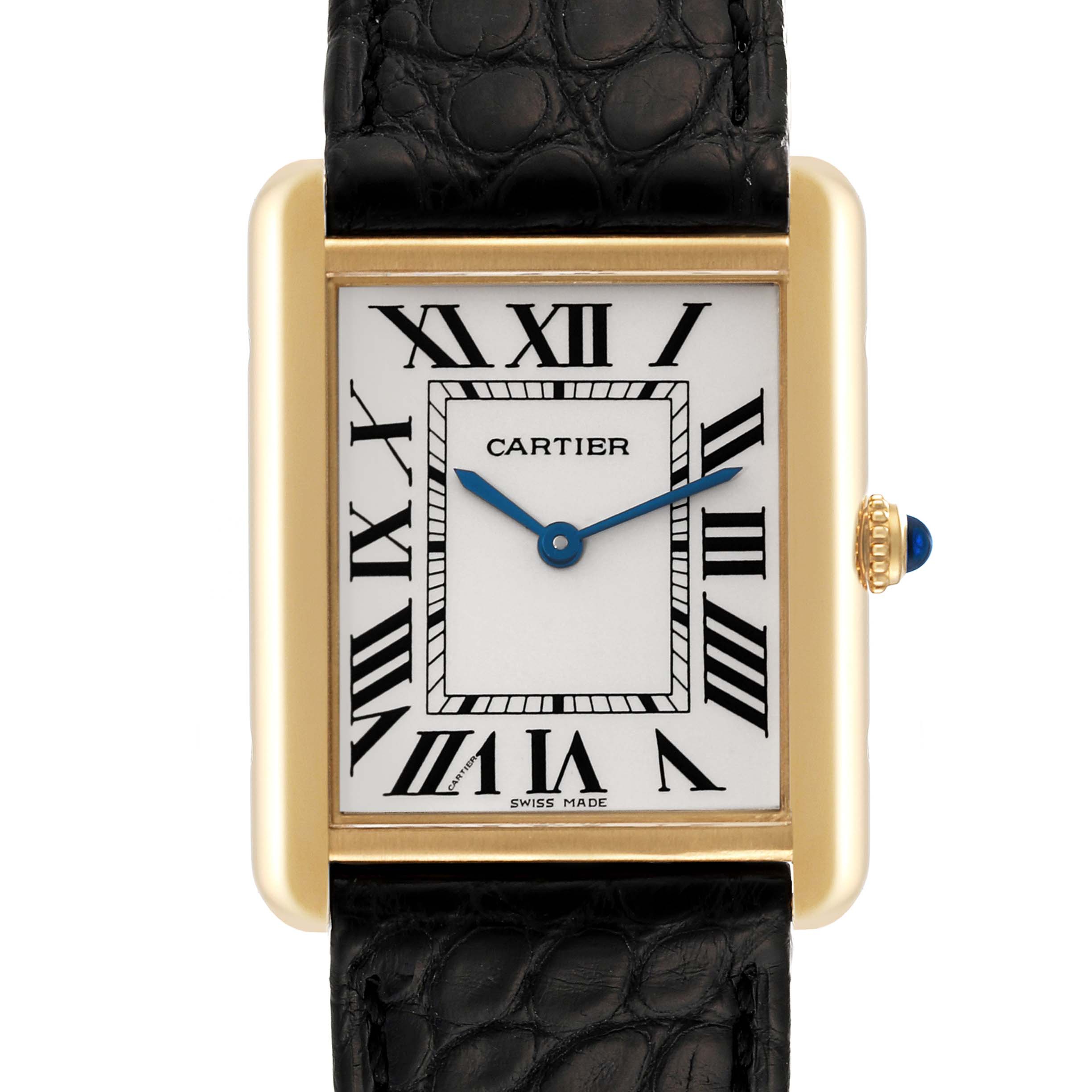 This image shows a frontal view of the Cartier Tank Solo 62230 Men
s Yellow Gold Silver Dial 62230 Men
s Yellow Gold Silver Dial watch, featuring a square face, Roman numerals, and a black leather strap.