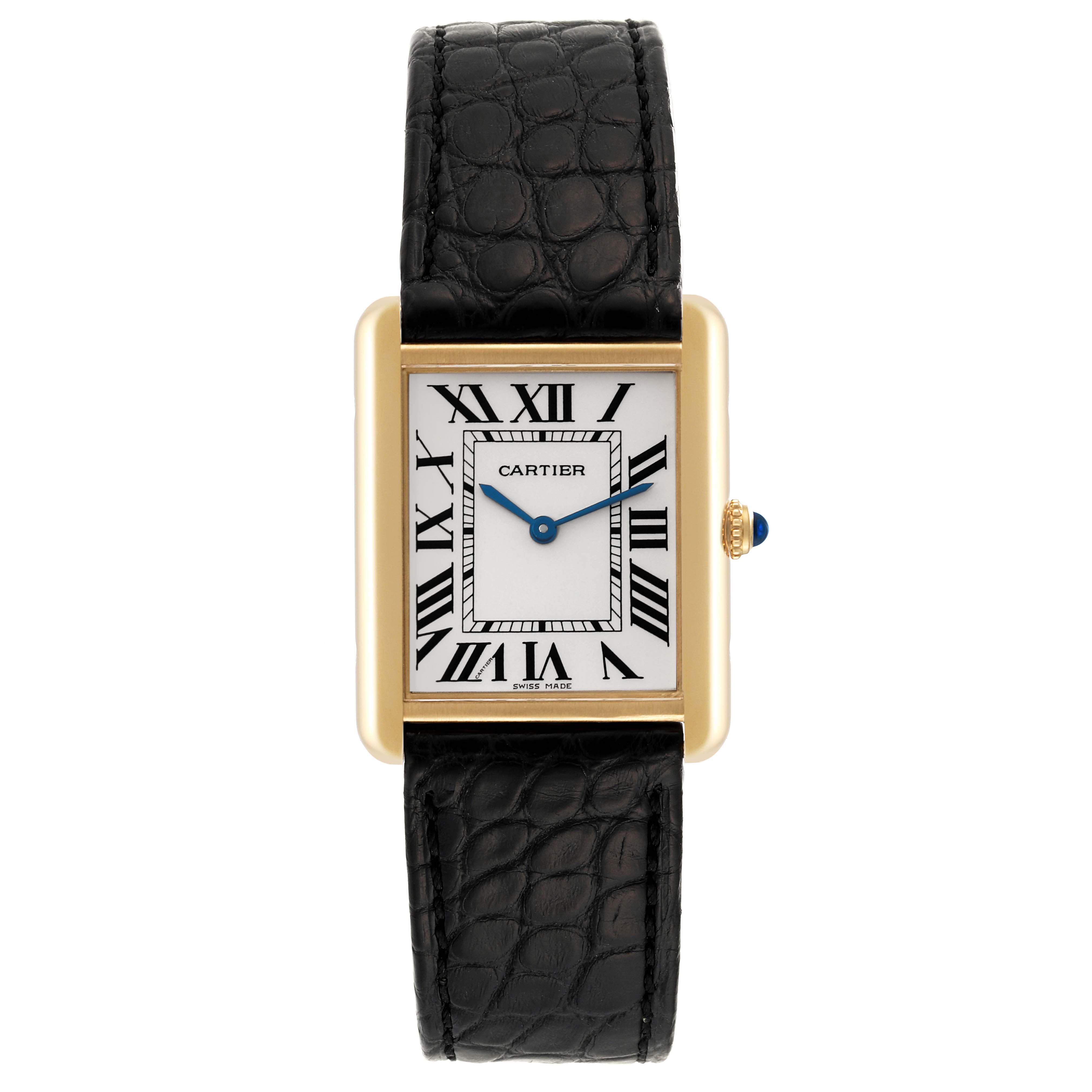 The image shows a front view of the Cartier Tank Solo 62230 Men
s Yellow Gold Silver Dial 62230 Men
s Yellow Gold Silver Dial watch, displaying its rectangular face and black leather strap.