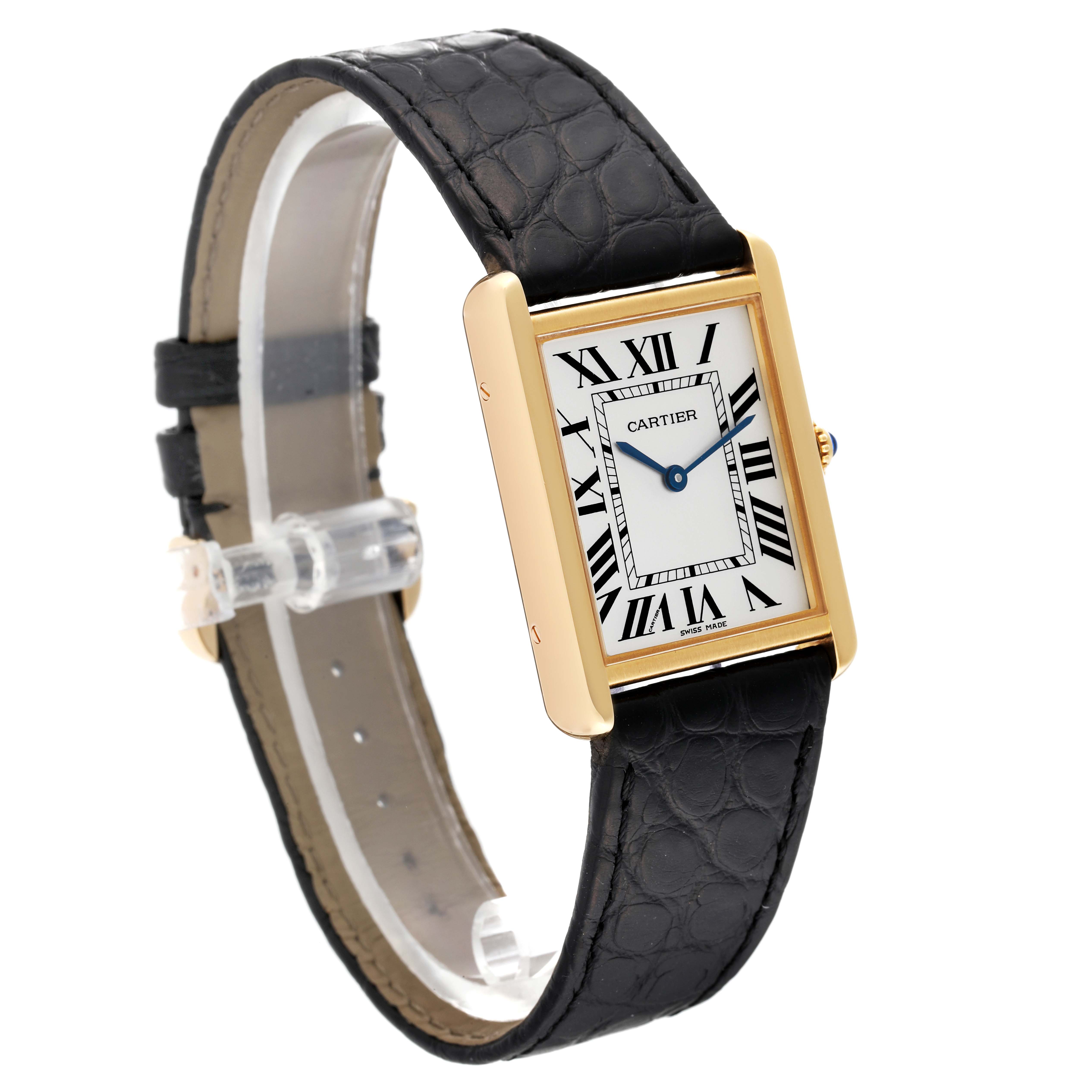 The Cartier Tank Solo W5200004 Men
s Yellow Gold Silver Dial W5200004 Men
s Yellow Gold Silver Dial watch is shown at a three-quarter angle, displaying the rectangular face and black leather strap.