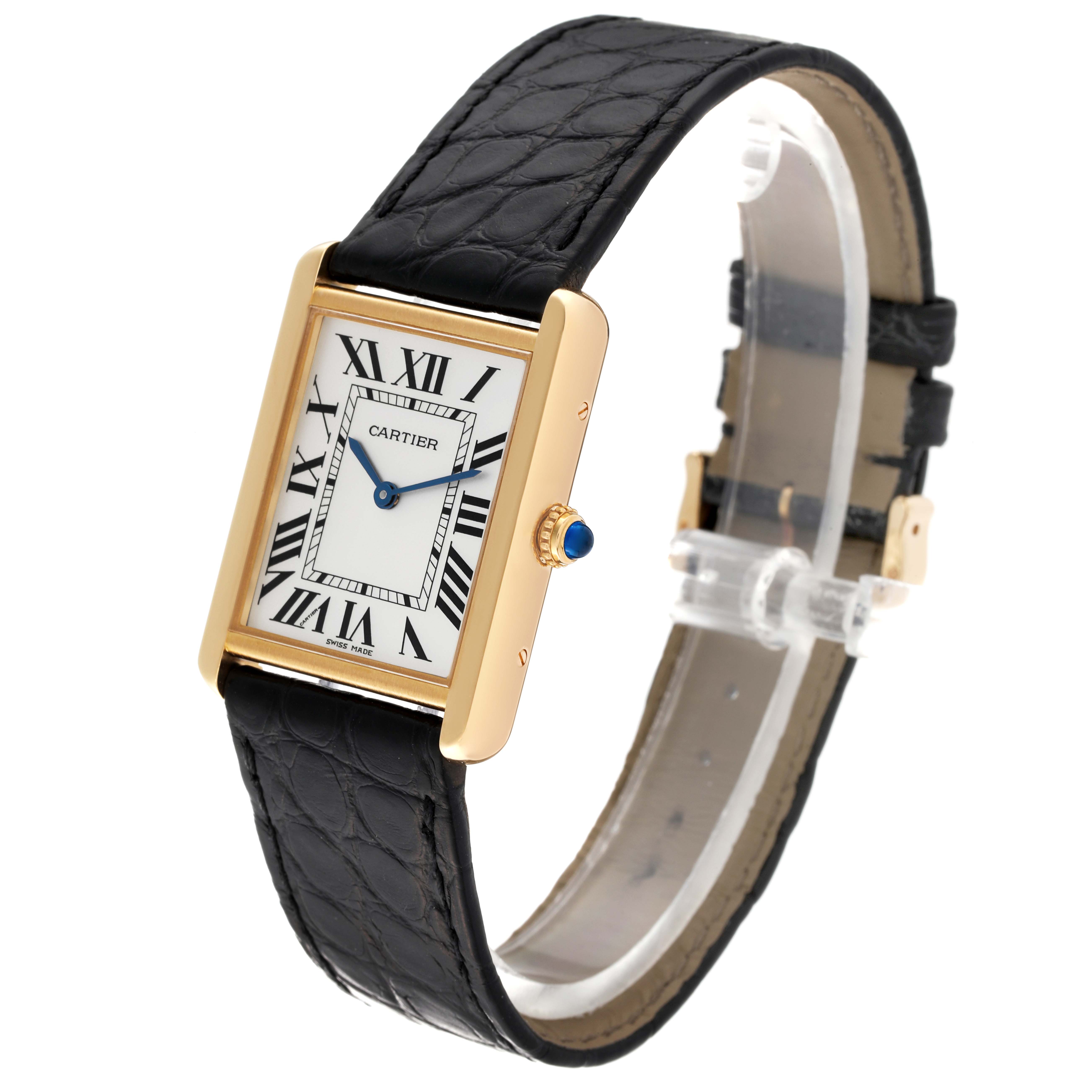 This image shows a Cartier Tank Solo W5200004 Men
s Yellow Gold Silver Dial W5200004 Men
s Yellow Gold Silver Dial watch at an angled side view, highlighting the face, strap, and crown.