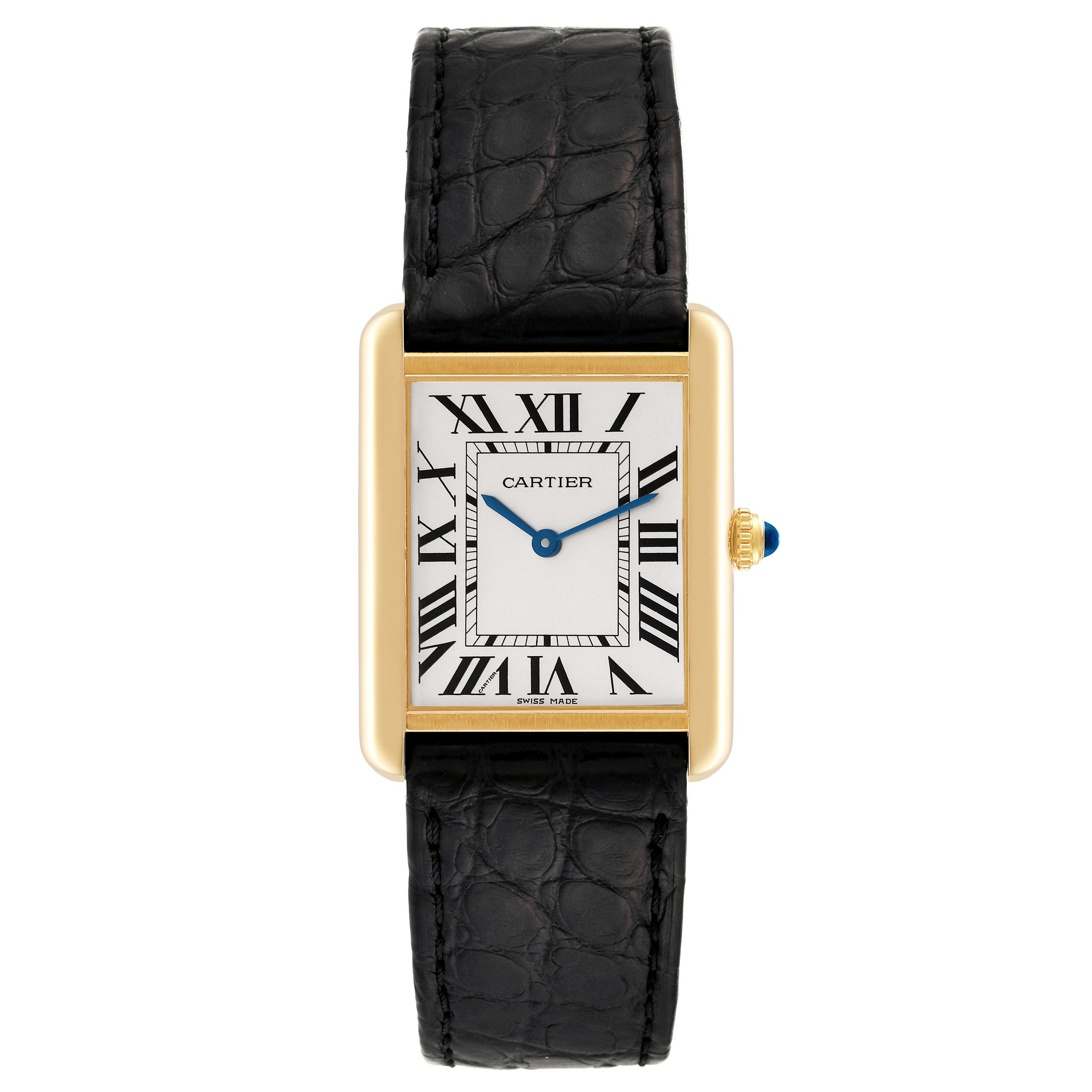 The image shows a Cartier Tank Solo W5200004 Men
s Yellow Gold Silver Dial W5200004 Men
s Yellow Gold Silver Dial watch from a front angle, displaying the black strap, rectangular dial, and Roman numerals.