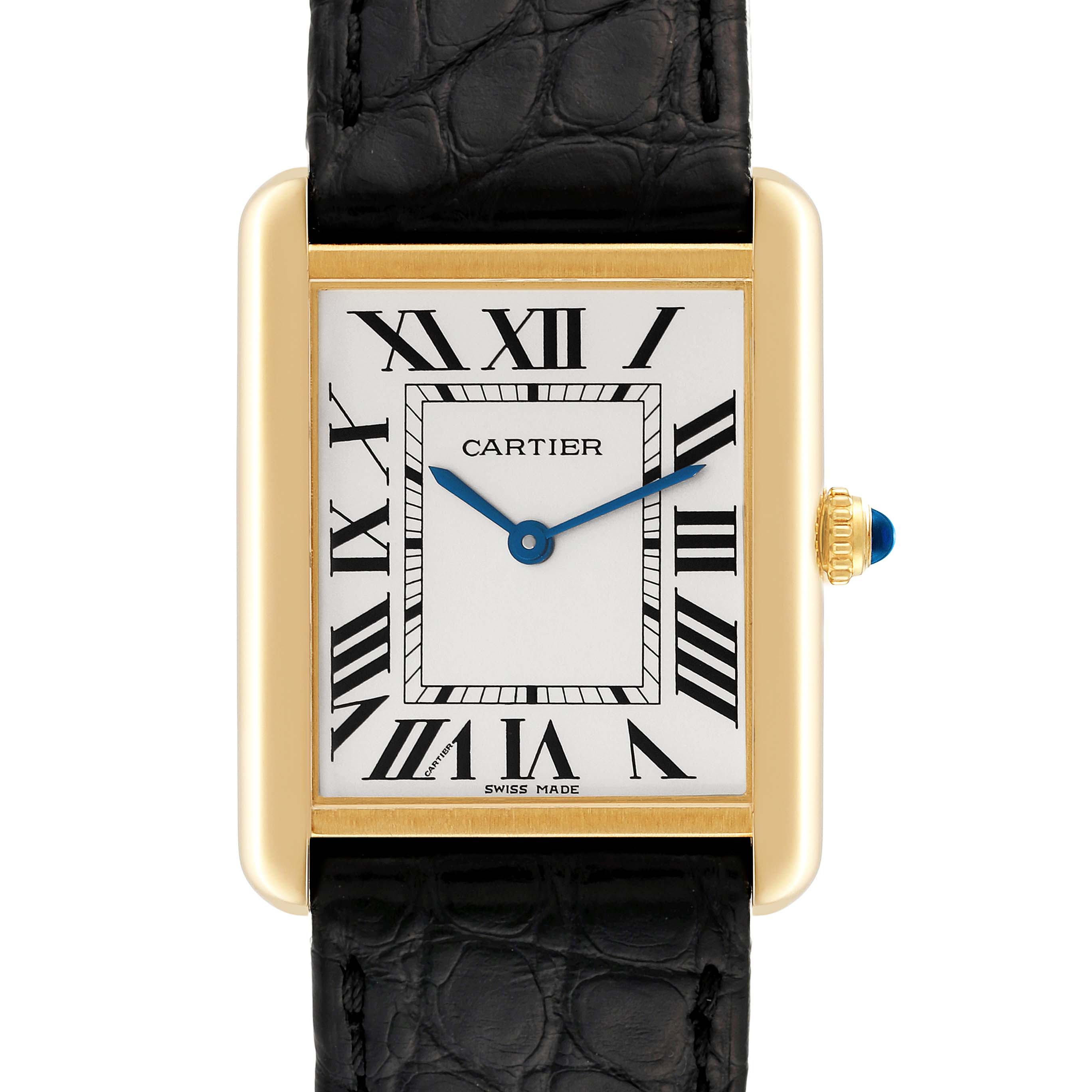 The image shows a front view of the Cartier Tank Solo W5200004 Men
s Yellow Gold Silver Dial W5200004 Men
s Yellow Gold Silver Dial watch, highlighting its rectangular face, Roman numerals, and black leather strap.