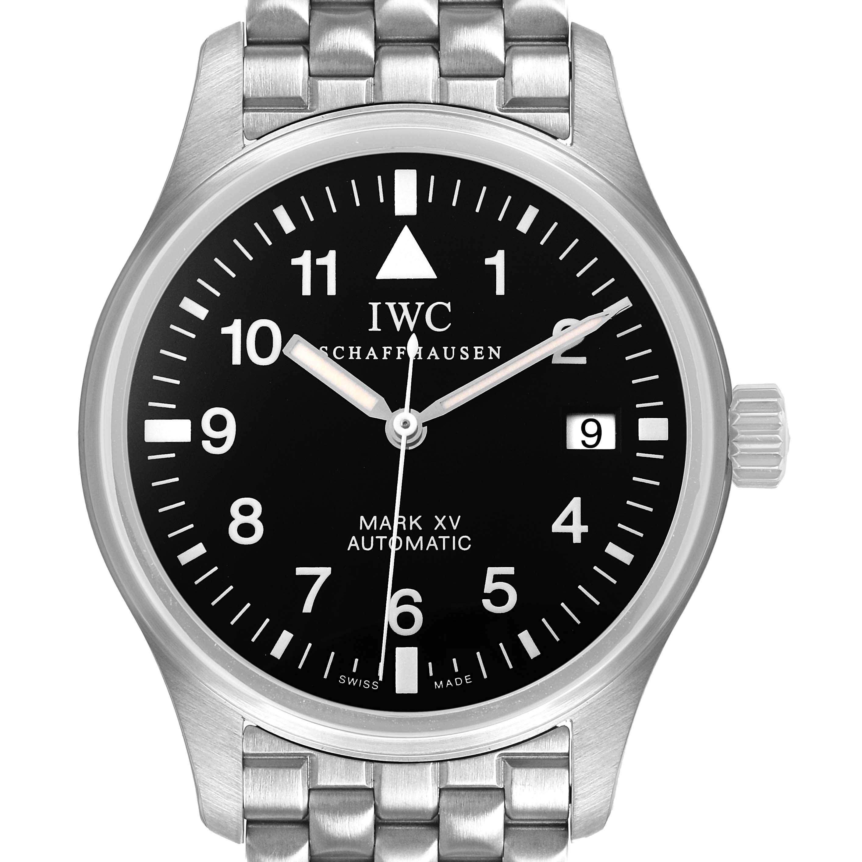The IWC Pilot IW3253-07 Men's Stainless Steel Black Dial model is shown front-facing, displaying its dial, bezel, crown, and metal bracelet.