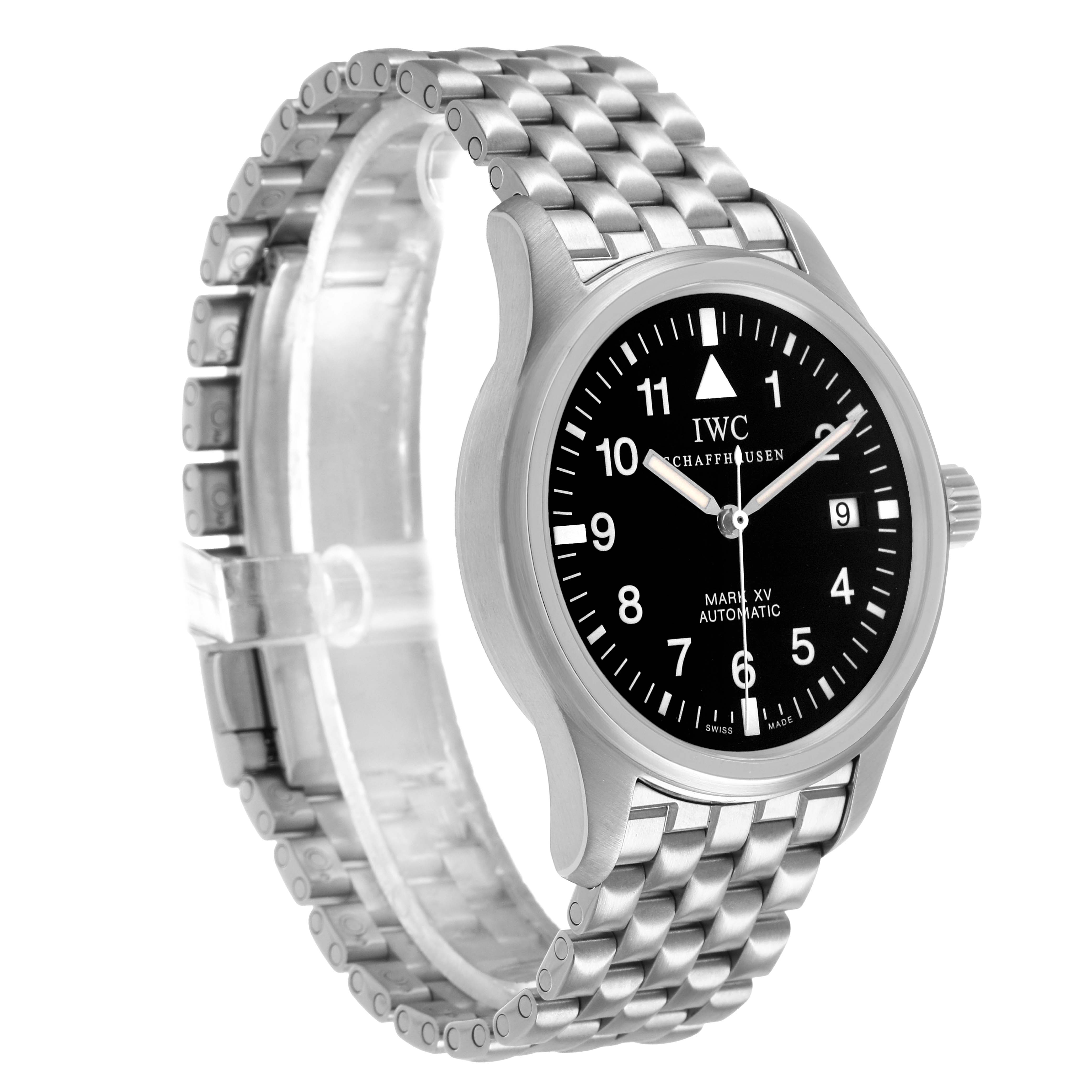 The IWC Pilot IW3253-07 Men's Stainless Steel Black Dial watch is shown at an angled front view, displaying its black dial, silver case, and metallic bracelet.