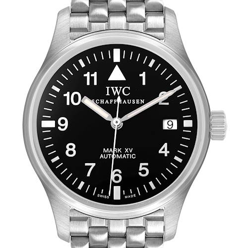 The IWC Pilot IW3253-07 Men's Stainless Steel Black Dial Mark XV watch is shown from the front, featuring its black dial, silver indices, crown, and bracelet links.