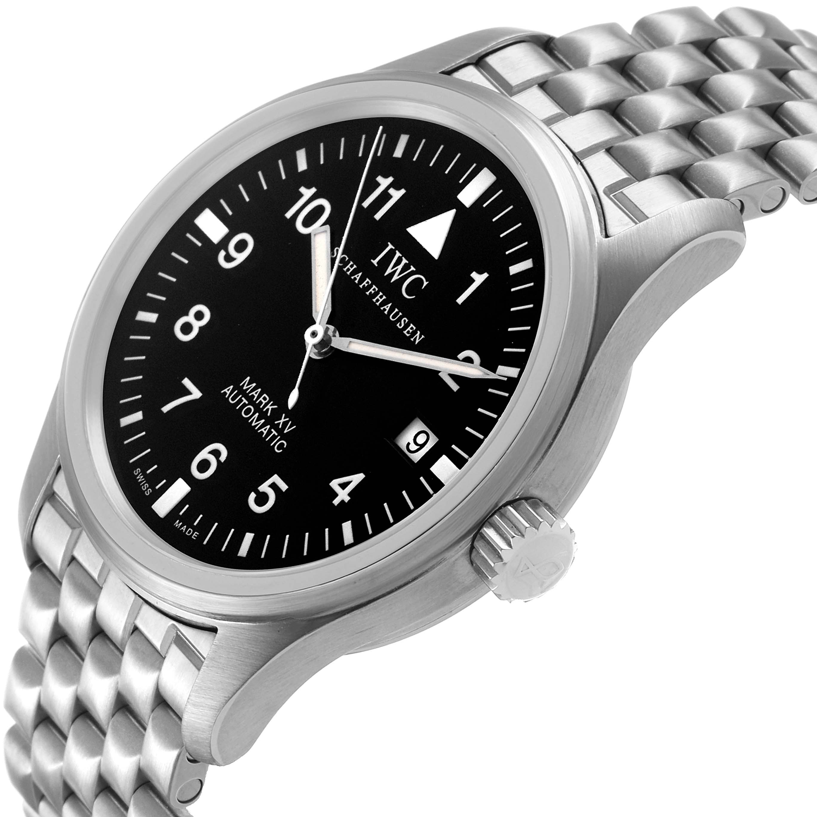 The IWC Pilot IW3253-07 Men's Stainless Steel Black Dial Model is shown at a slight side angle, displaying the face, crown, and part of the metal bracelet.