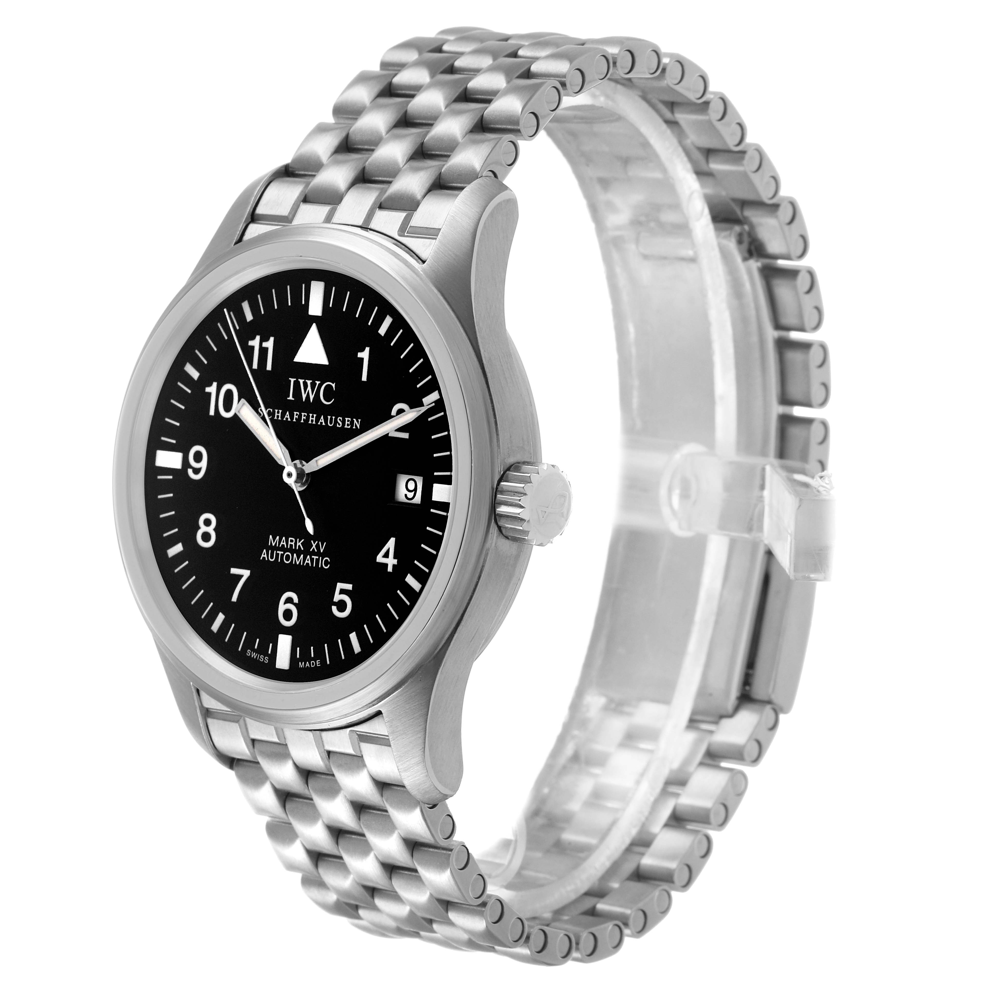 The IWC Pilot IW3253-07 Men's Stainless Steel Black Dial watch is shown at a three-quarter angle, highlighting the face, bezel, crown, and bracelet.
