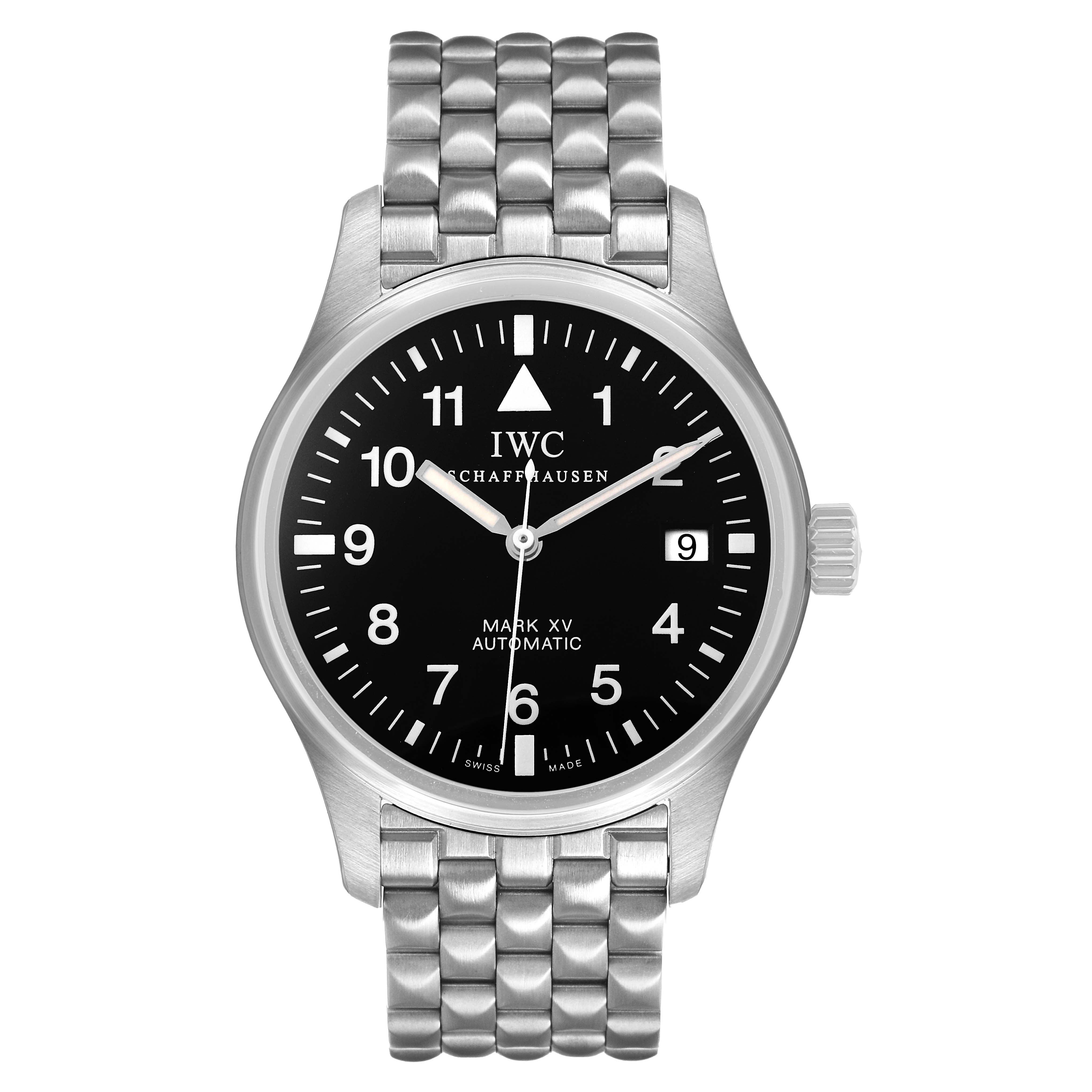 The IWC Pilot IW3253-07 Men's Stainless Steel Black Dial Mark XV watch is shown from the front, displaying the full dial and bracelet.