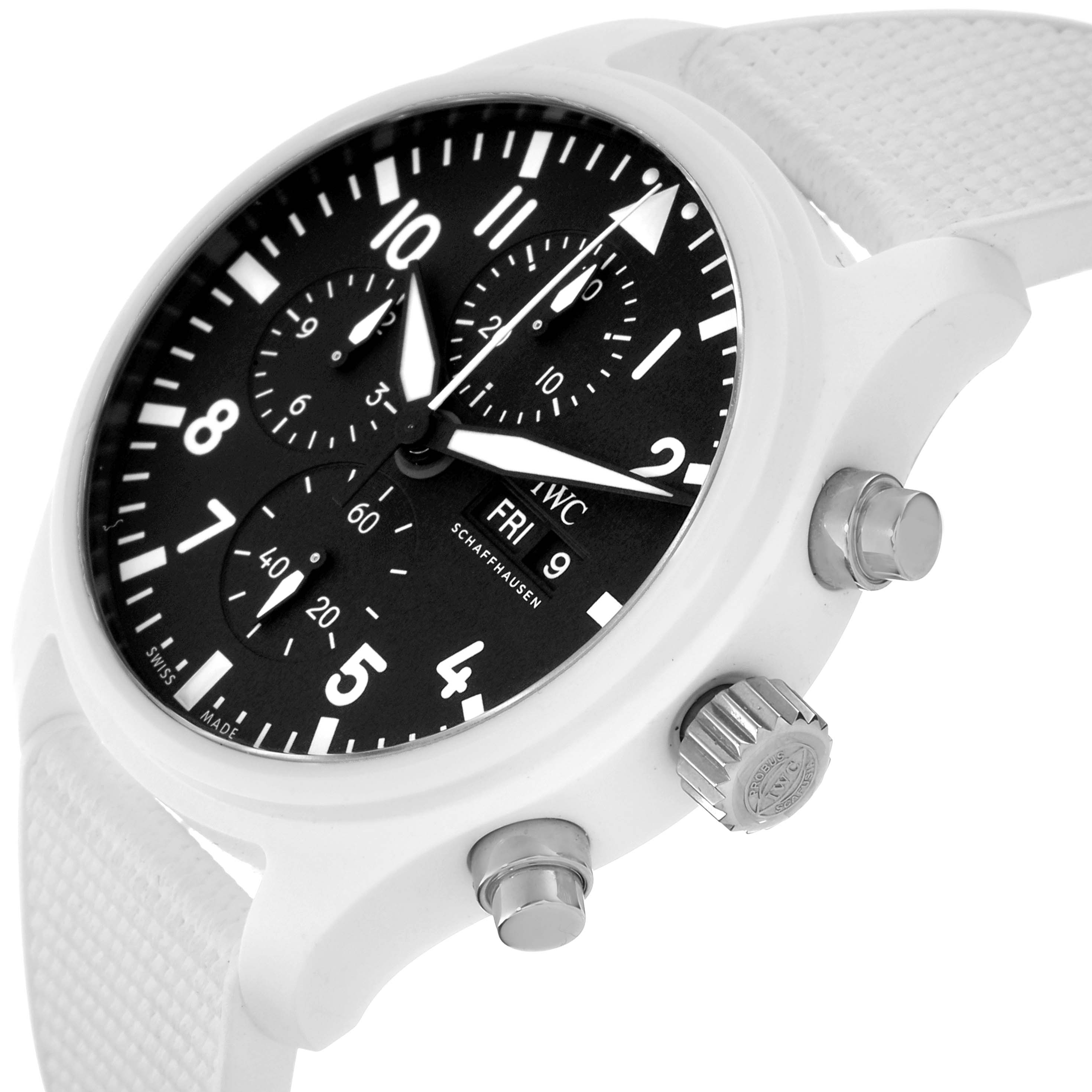 This image shows a close-up angled view of the IWC Pilot IW389105 Men's Ceramic Grey Dial IW389105 Men's Ceramic Grey Dial model watch, highlighting its crown, chronograph pushers, and dial.