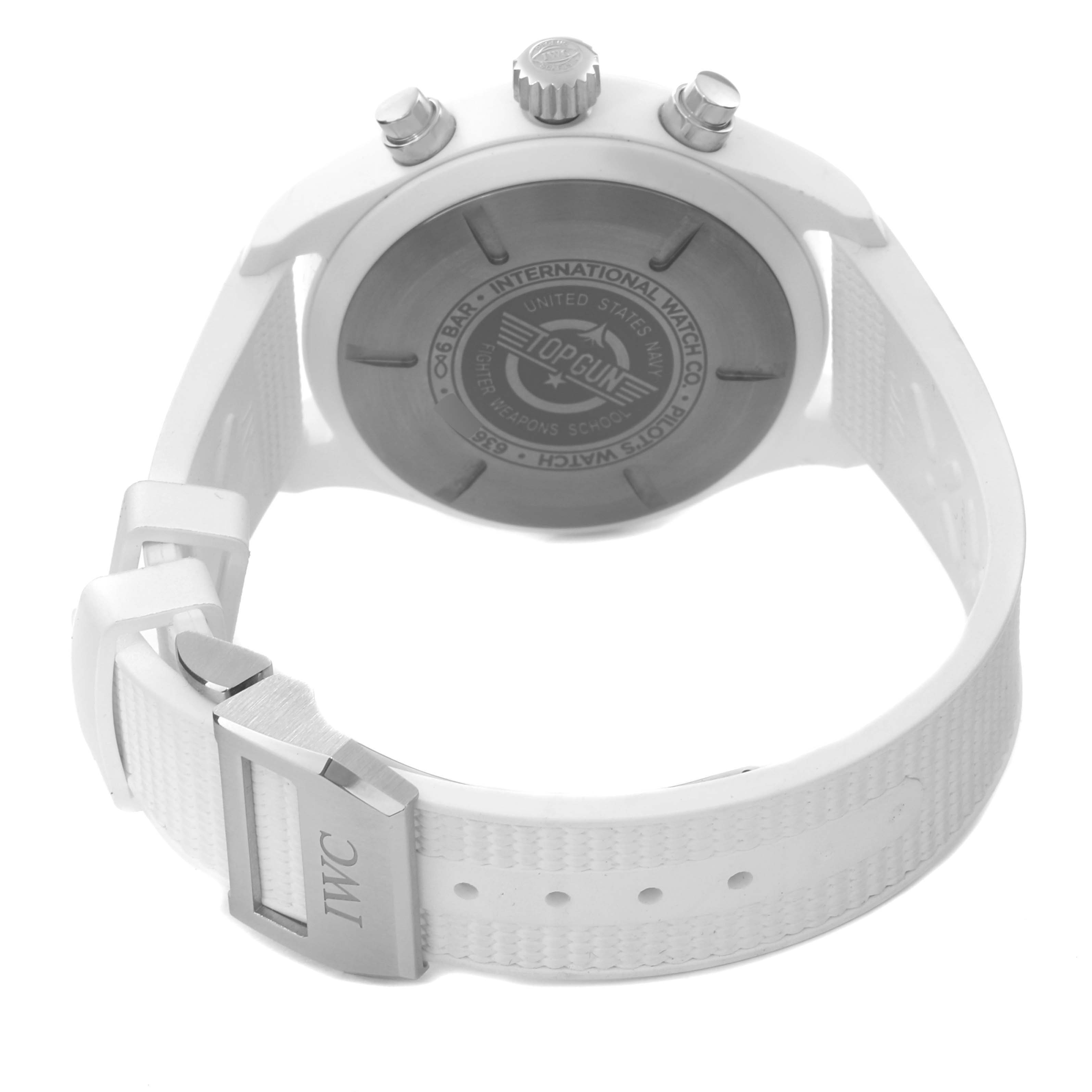 This image shows the back, clasp, and sides of the IWC Pilot IW389105 Men's Ceramic Grey Dial IW389105 Men's Ceramic Grey Dial model watch, highlighting the logo and fasteners.