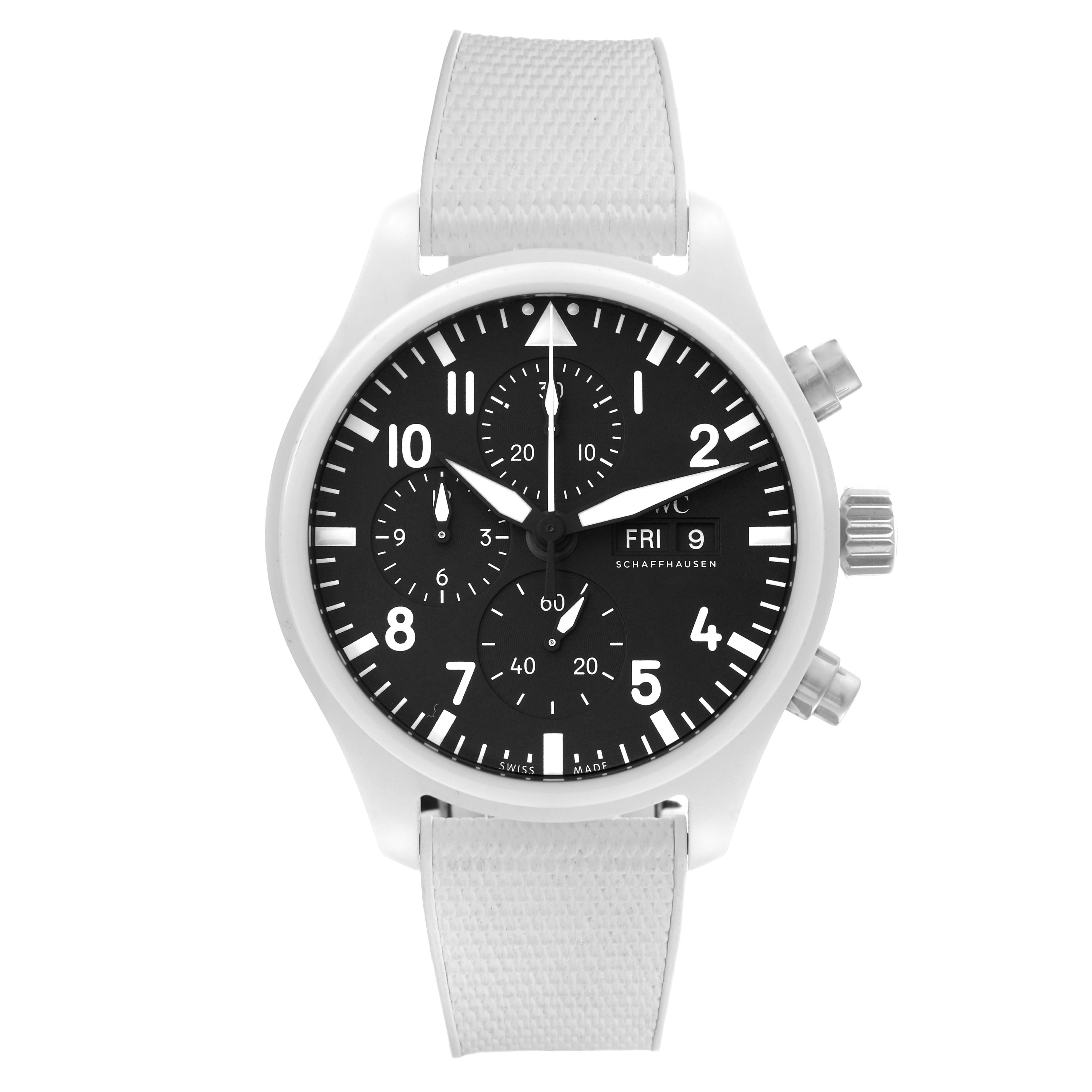 The image shows a front view of the IWC Pilot IW389105 Men's Ceramic Grey Dial IW389105 Men's Ceramic Grey Dial model watch with a white strap and black dial displaying time, date, and chronograph functions.