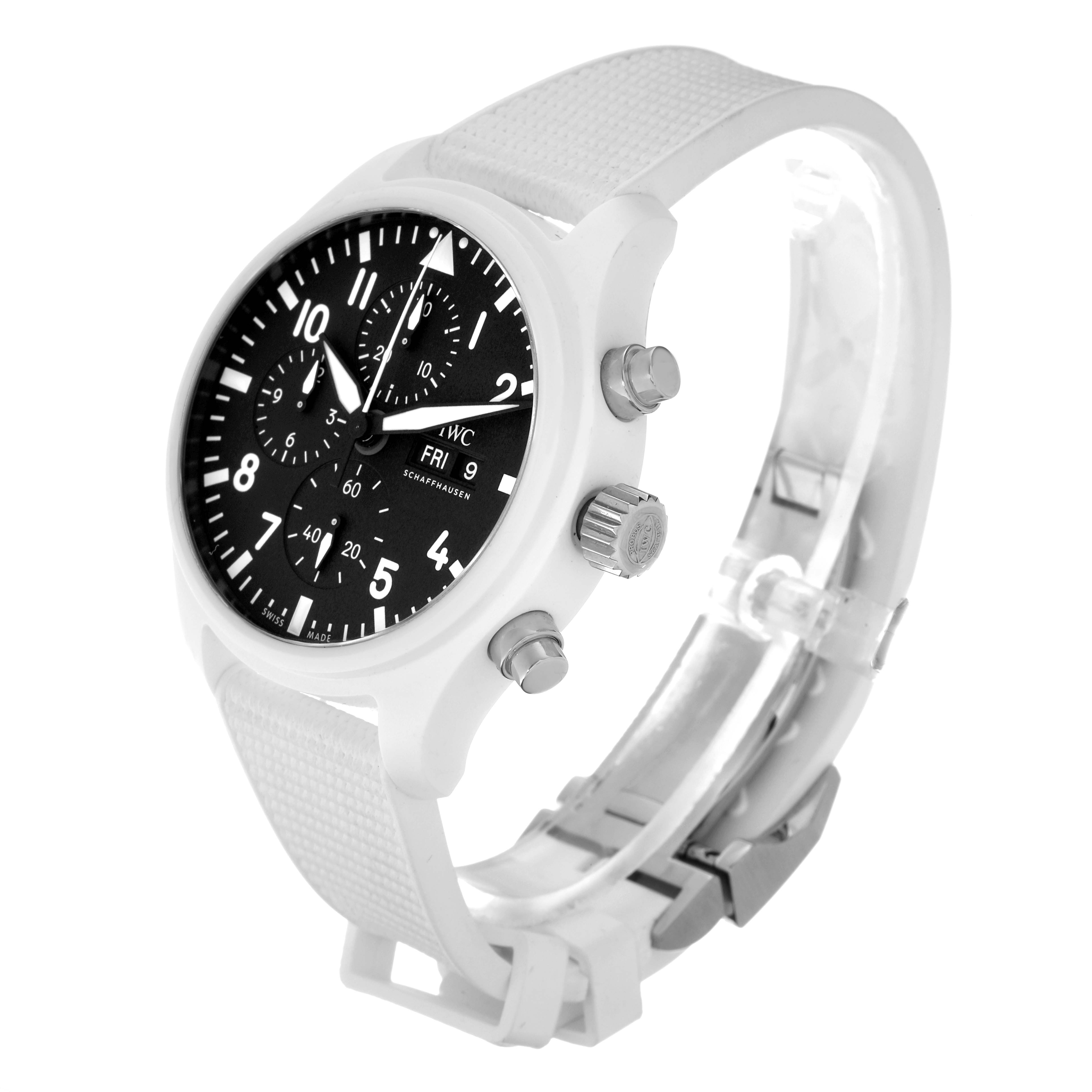 The IWC Pilot IW389105 Men's Ceramic Grey Dial IW389105 Men's Ceramic Grey Dial watch is shown at an angled view, highlighting its black dial, white strap, and side buttons.