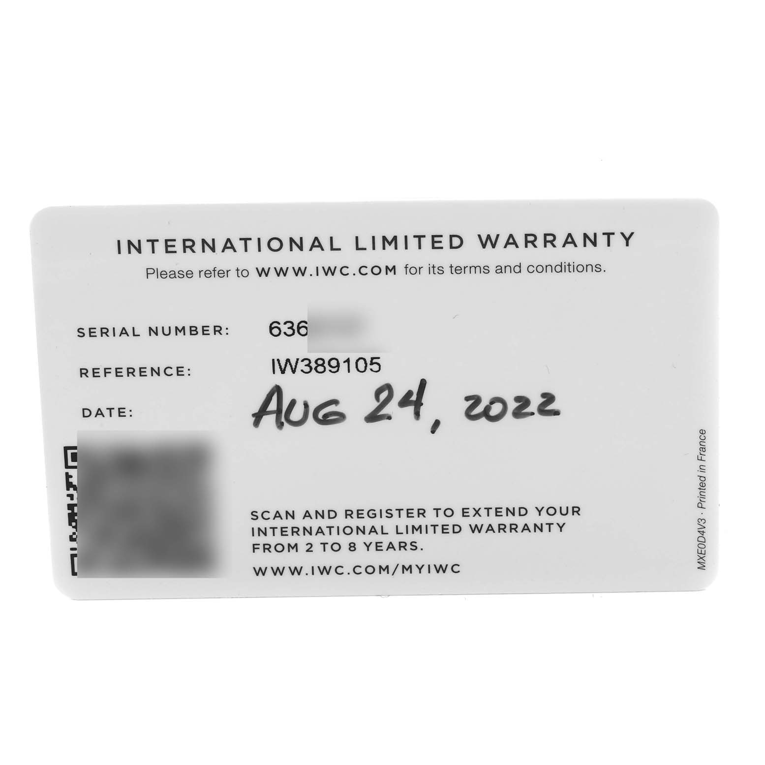 The image shows the International Limited Warranty card for the IWC Pilot IW389105 Men's Ceramic Grey Dial IW389105 Men's Ceramic Grey Dial model watch.
