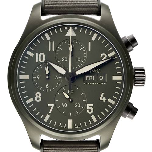 The image shows a front view of the IWC Pilot IW389106 Men's Ceramic Green Dial model watch, displaying the face, dials, crown, and pushers.