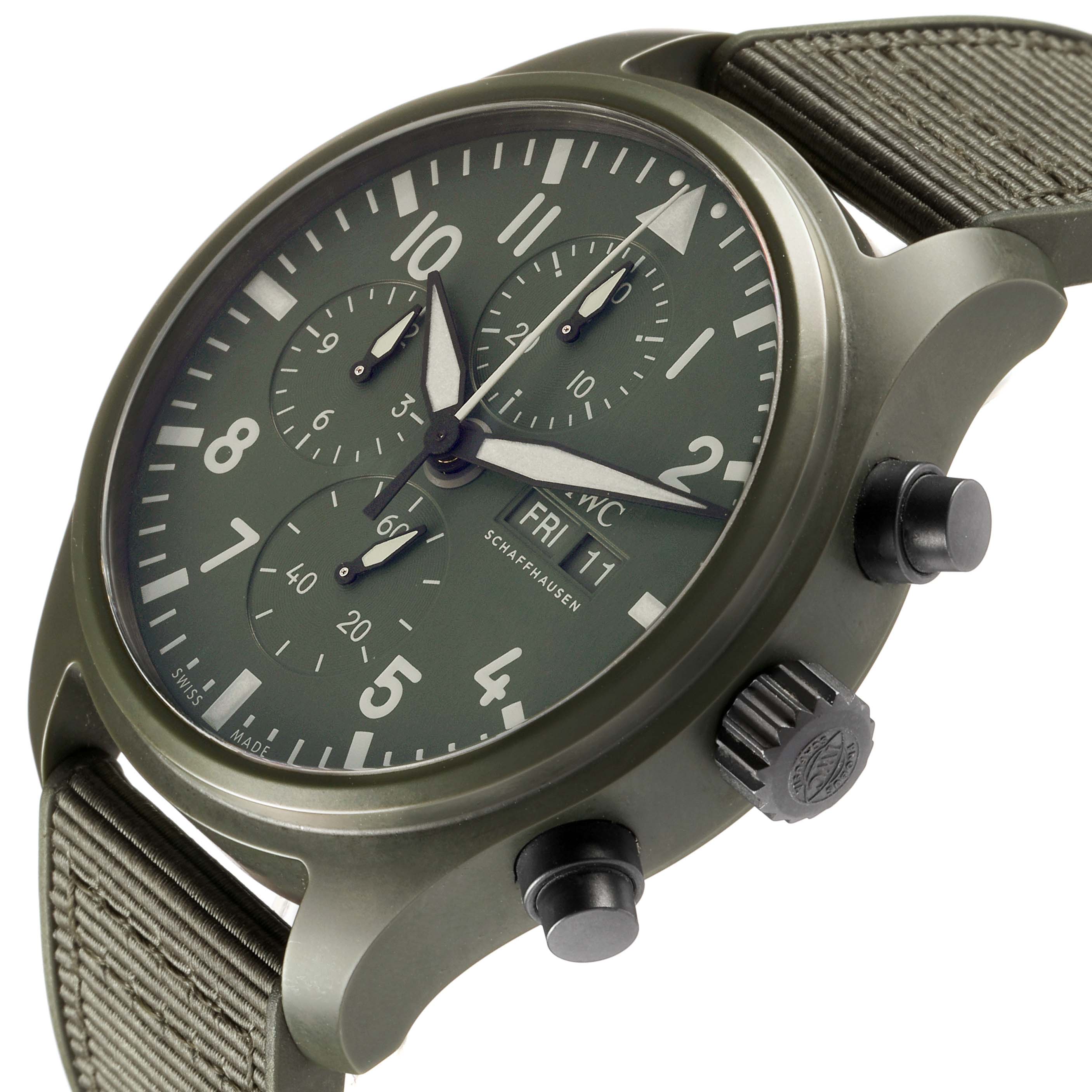 The IWC Pilot IW389106 Men's Ceramic Green Dial model is shown from a front-angled view, highlighting its green dial, chronograph subdials, crown, and pushers.