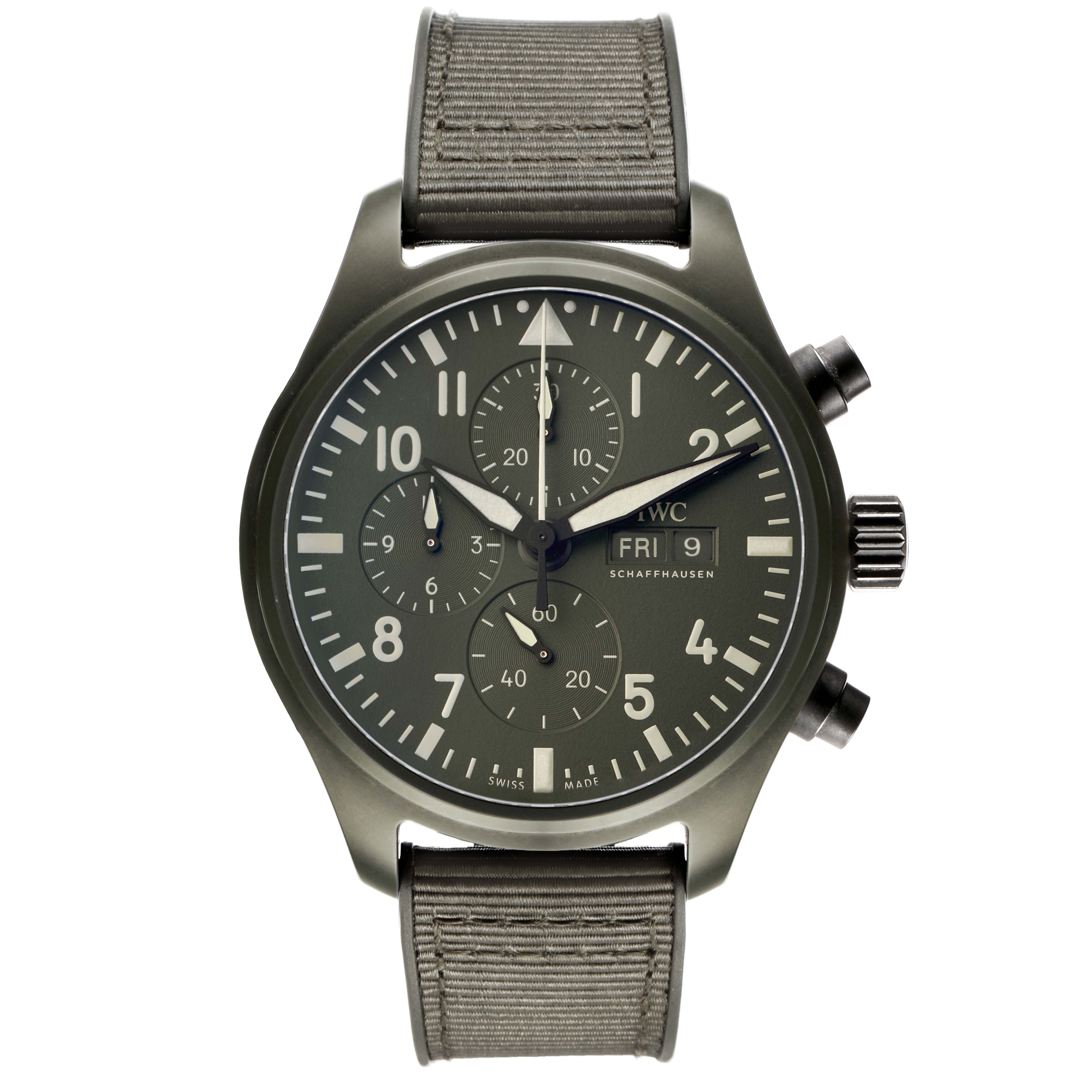 The IWC Pilot IW389106 Men's Ceramic Green Dial watch is shown from a front angle, highlighting the dial, subdials, crown, pushers, and strap.
