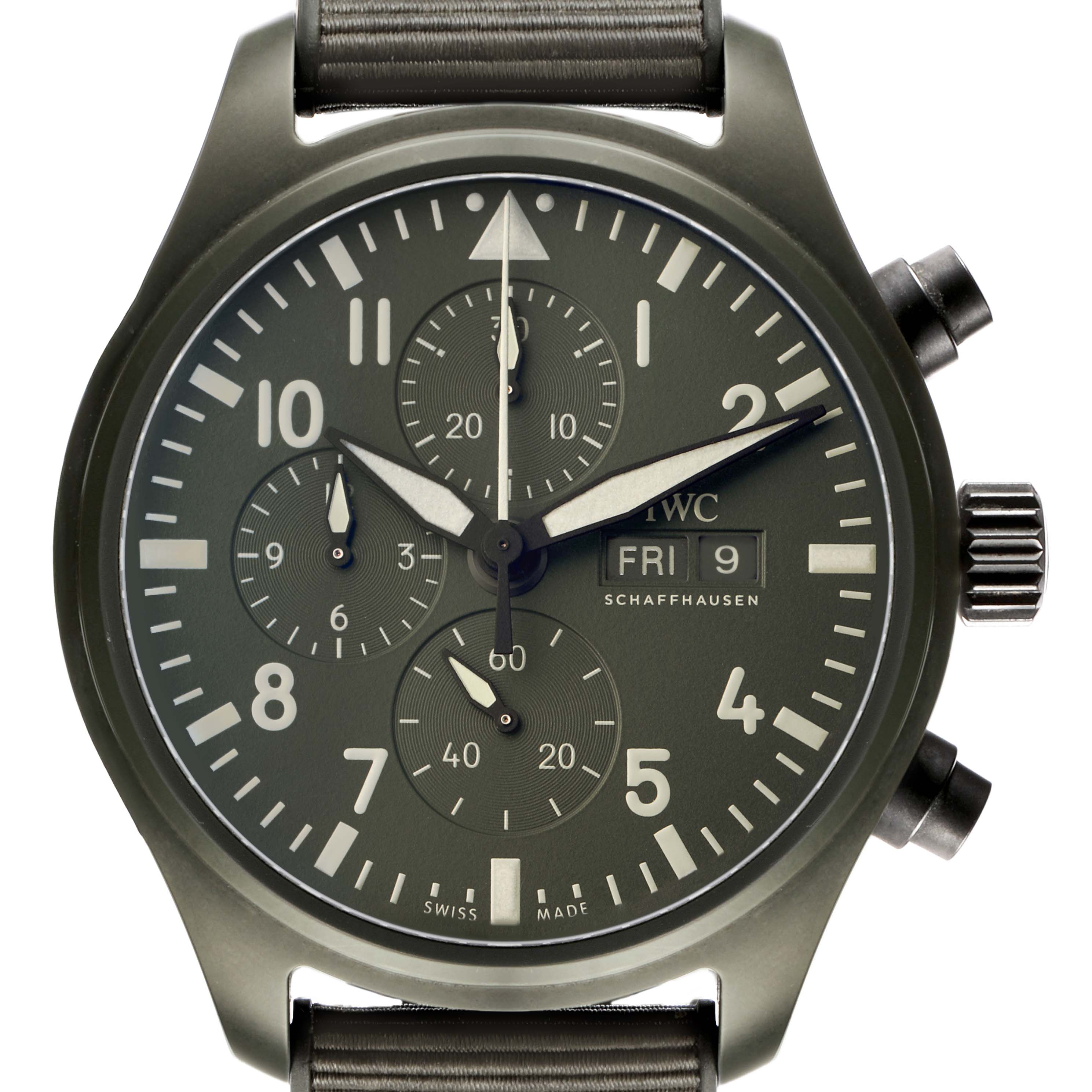 The IWC Pilot IW389106 Men's Ceramic Green Dial watch is shown in a frontal view, highlighting the dial, subdials, hands, day-date display, and crown.