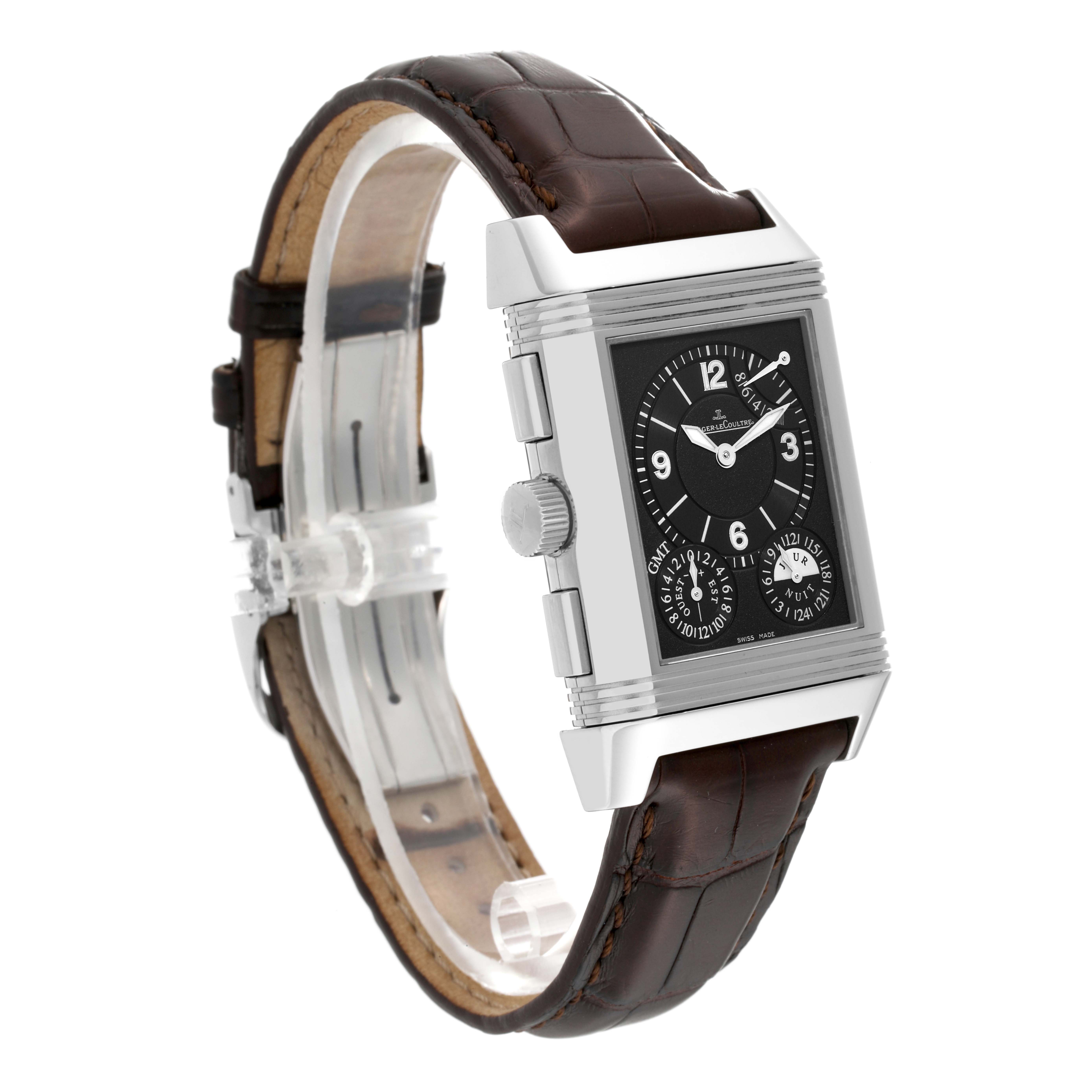 The Jaeger LeCoultre Reverso Q3028420 Men's Stainless Steel Silver Dial Q3028420 Men's Stainless Steel Silver Dial watch is shown at a slight angle, displaying the rectangular dial and brown leather strap.