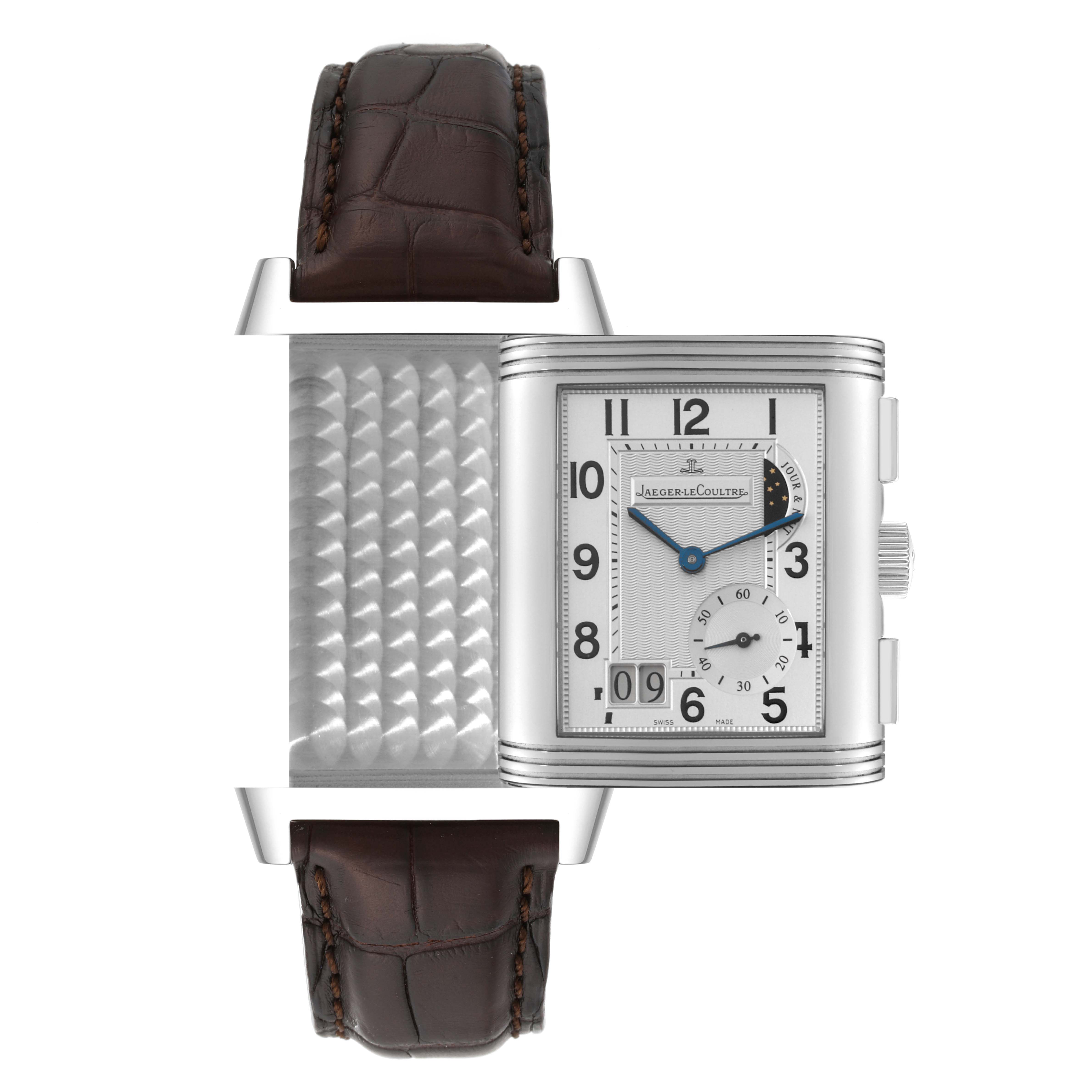 The image shows the Jaeger LeCoultre Reverso Q3028420 Men's Stainless Steel Silver Dial Q3028420 Men's Stainless Steel Silver Dial watch from a top view, highlighting its reversible case and leather strap.