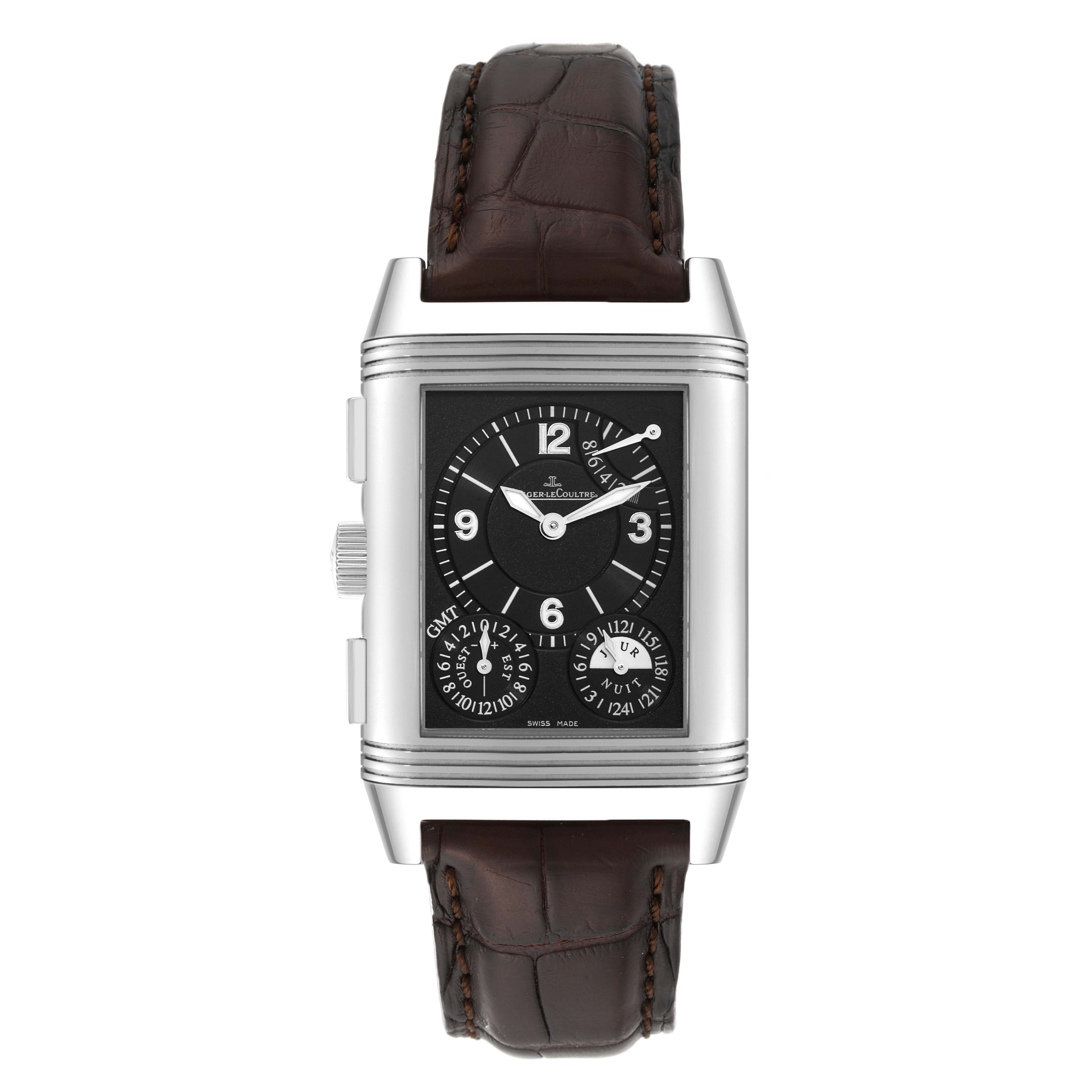 This is a front-facing image of a Reverso model Jaeger LeCoultre watch, showing its dial, case, and leather strap.