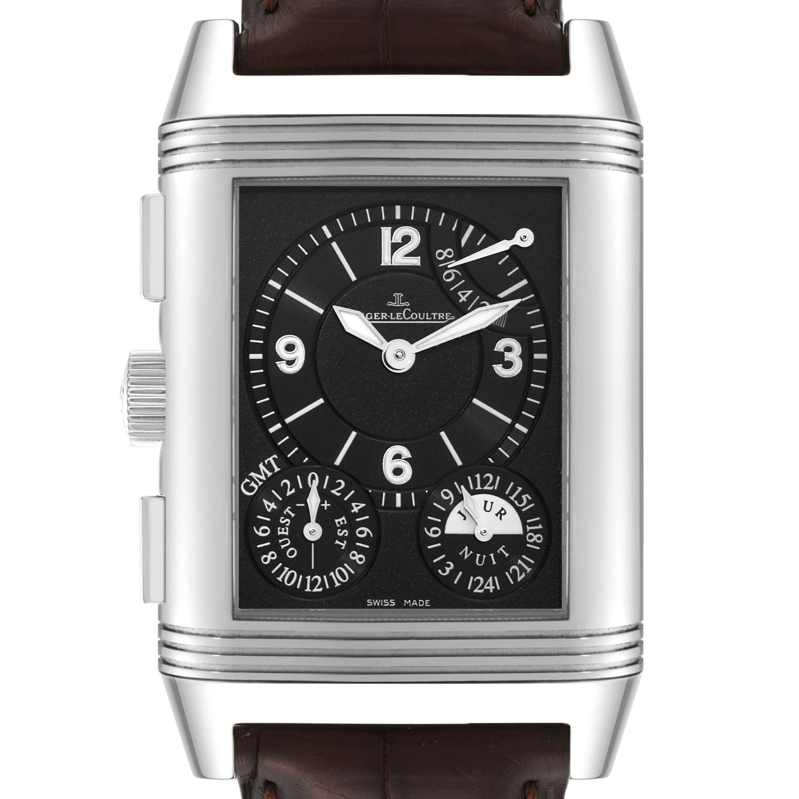 This image displays a front view of the Jaeger-LeCoultre Reverso watch, highlighting its dial and complications.