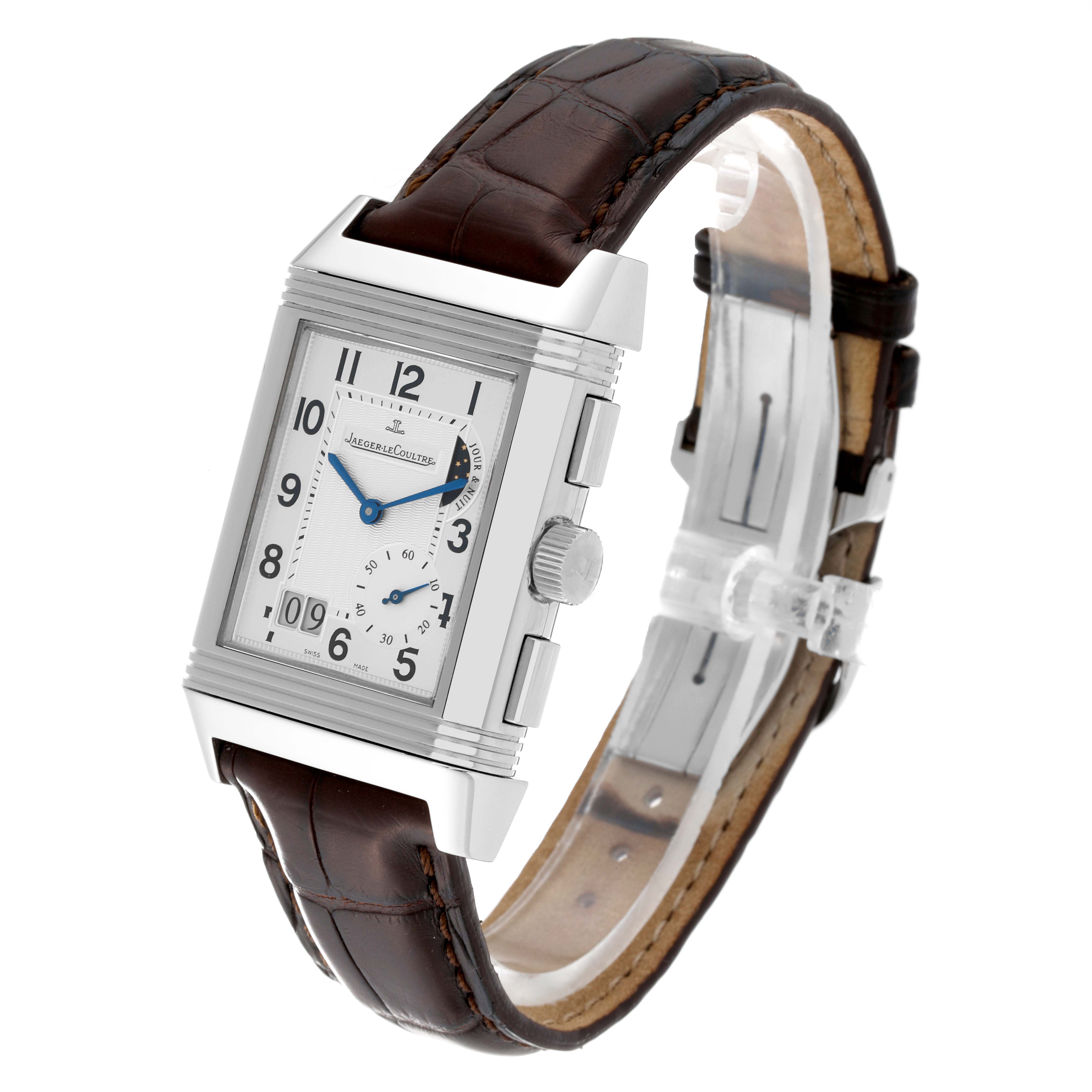 The Jaeger LeCoultre Reverso Q3028420 Men's Stainless Steel Silver Dial Q3028420 Men's Stainless Steel Silver Dial watch shown at a front angle displays its rectangular face, leather strap, and side buttons.