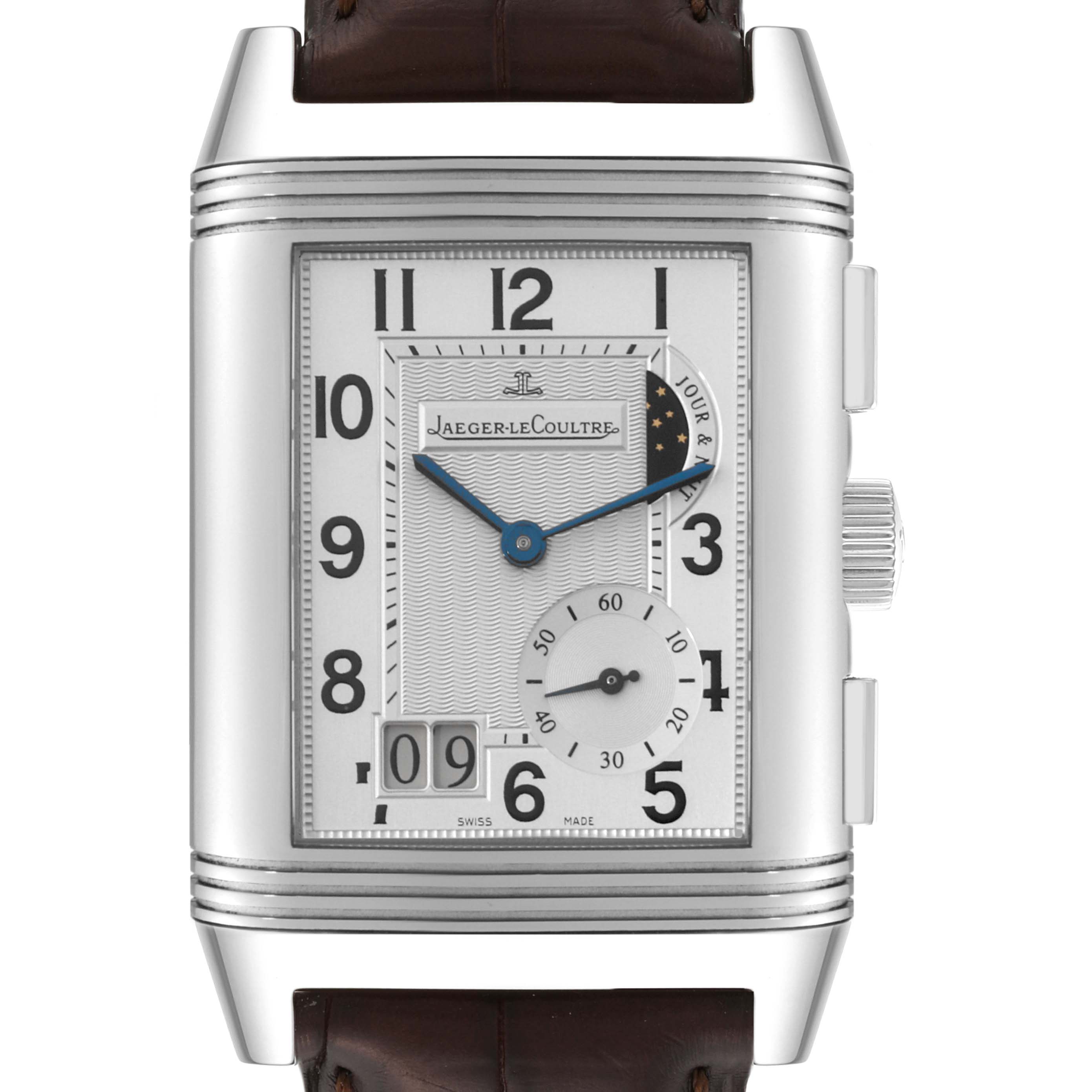 The image shows a close-up front view of a Jaeger LeCoultre Reverso Q3028420 Men's Stainless Steel Silver Dial Q3028420 Men's Stainless Steel Silver Dial watch, highlighting the dial, crown, and part of the strap.