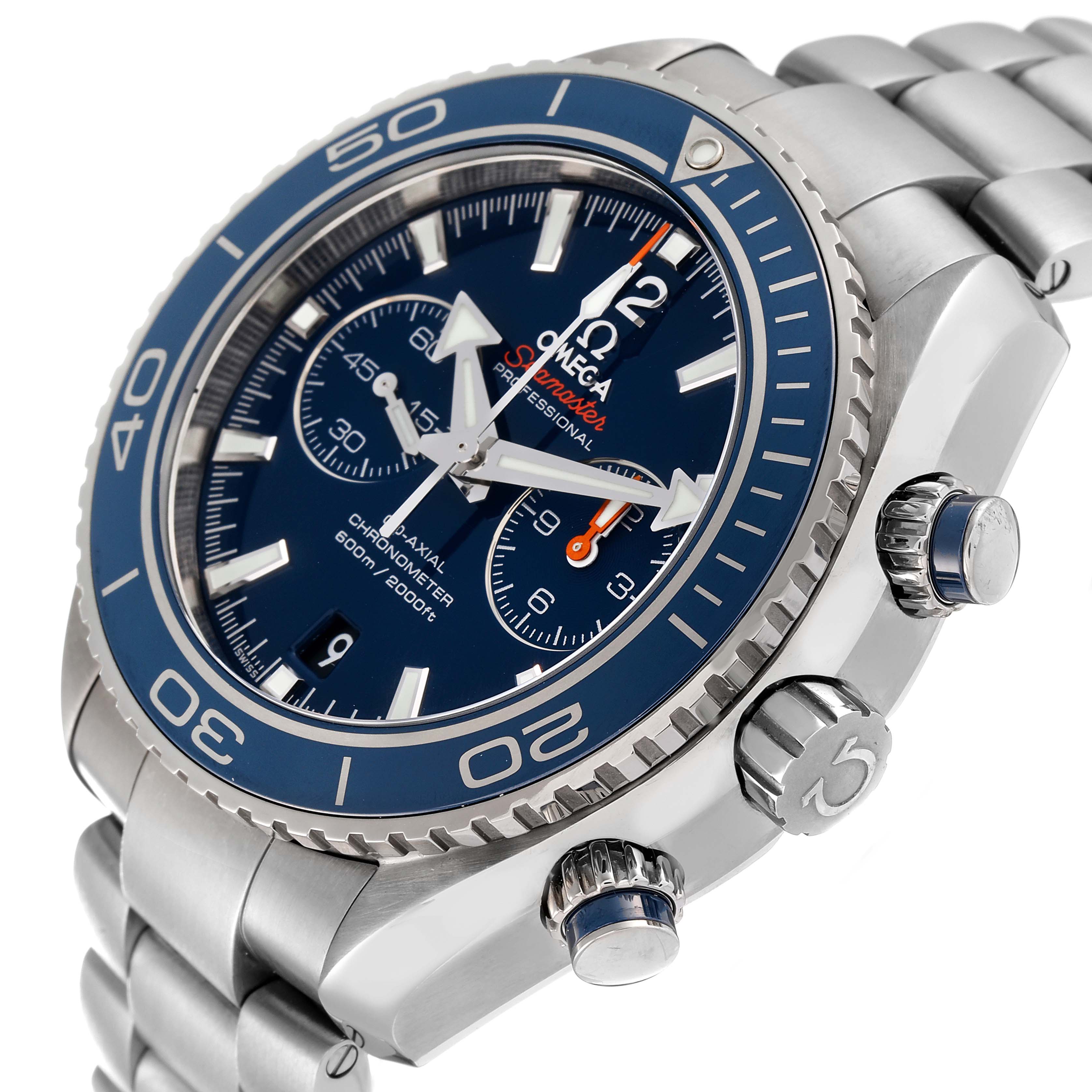 The Omega Planet Ocean 232.90.46.51.03.001 Men
s Titanium Blue Dial 232.90.46.51.03.001 Men
s Titanium Blue Dial watch is shown at an angled side view, highlighting its crown, bezel, and chronograph buttons.