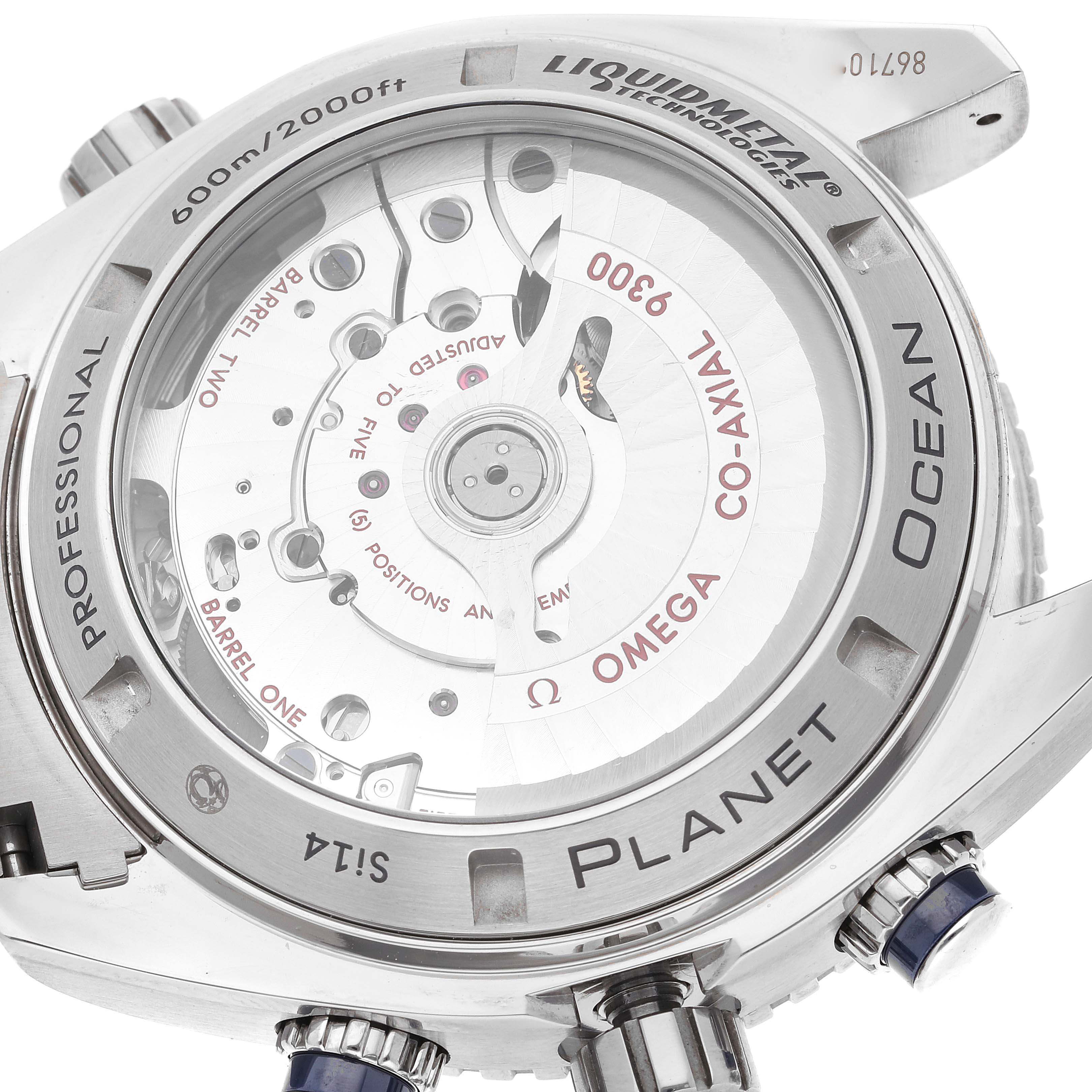 The image shows the back view of the Omega Planet Ocean 232.90.46.51.03.001 Men
s Titanium Blue Dial 232.90.46.51.03.001 Men
s Titanium Blue Dial watch, displaying its transparent case and internal mechanics.