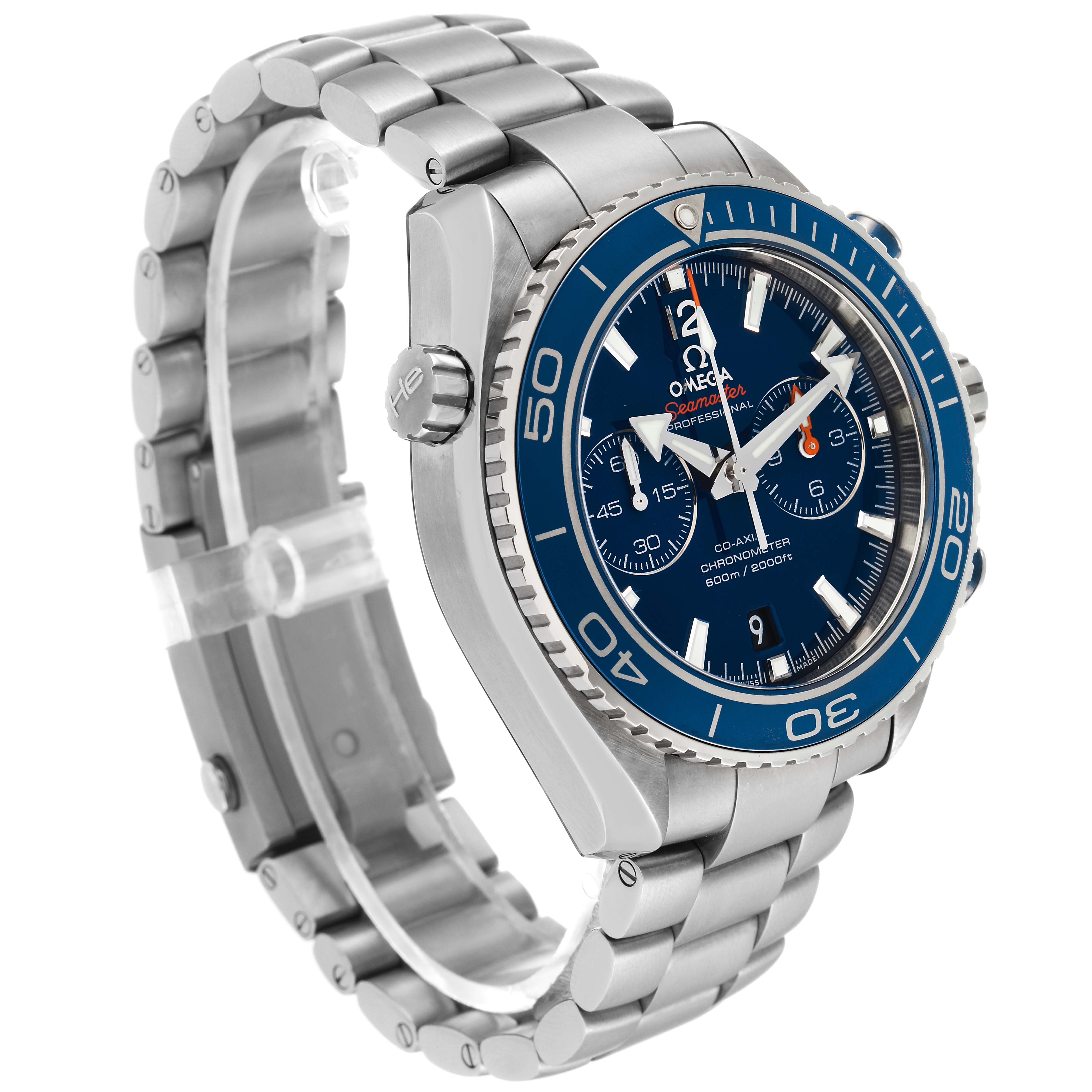 The image shows a side angle of the Omega Planet Ocean 232.90.46.51.03.001 Men
s Titanium Blue Dial 232.90.46.51.03.001 Men
s Titanium Blue Dial watch, featuring the bezel, dial, crown, and stainless steel bracelet.