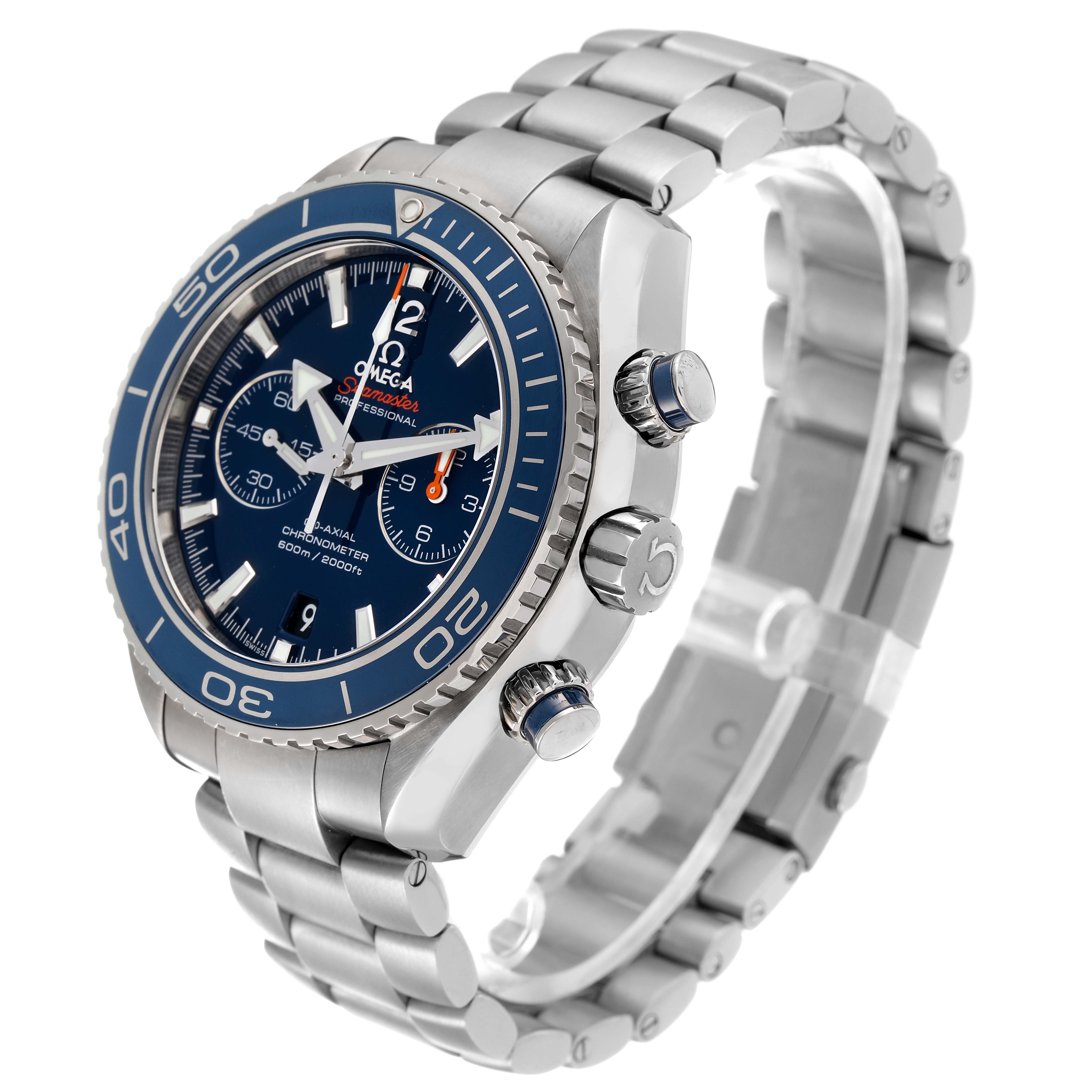The image shows the Omega Planet Ocean 232.90.46.51.03.001 Men
s Titanium Blue Dial 232.90.46.51.03.001 Men
s Titanium Blue Dial watch angled from the front-left, highlighting the dial, bezel, and bracelet.