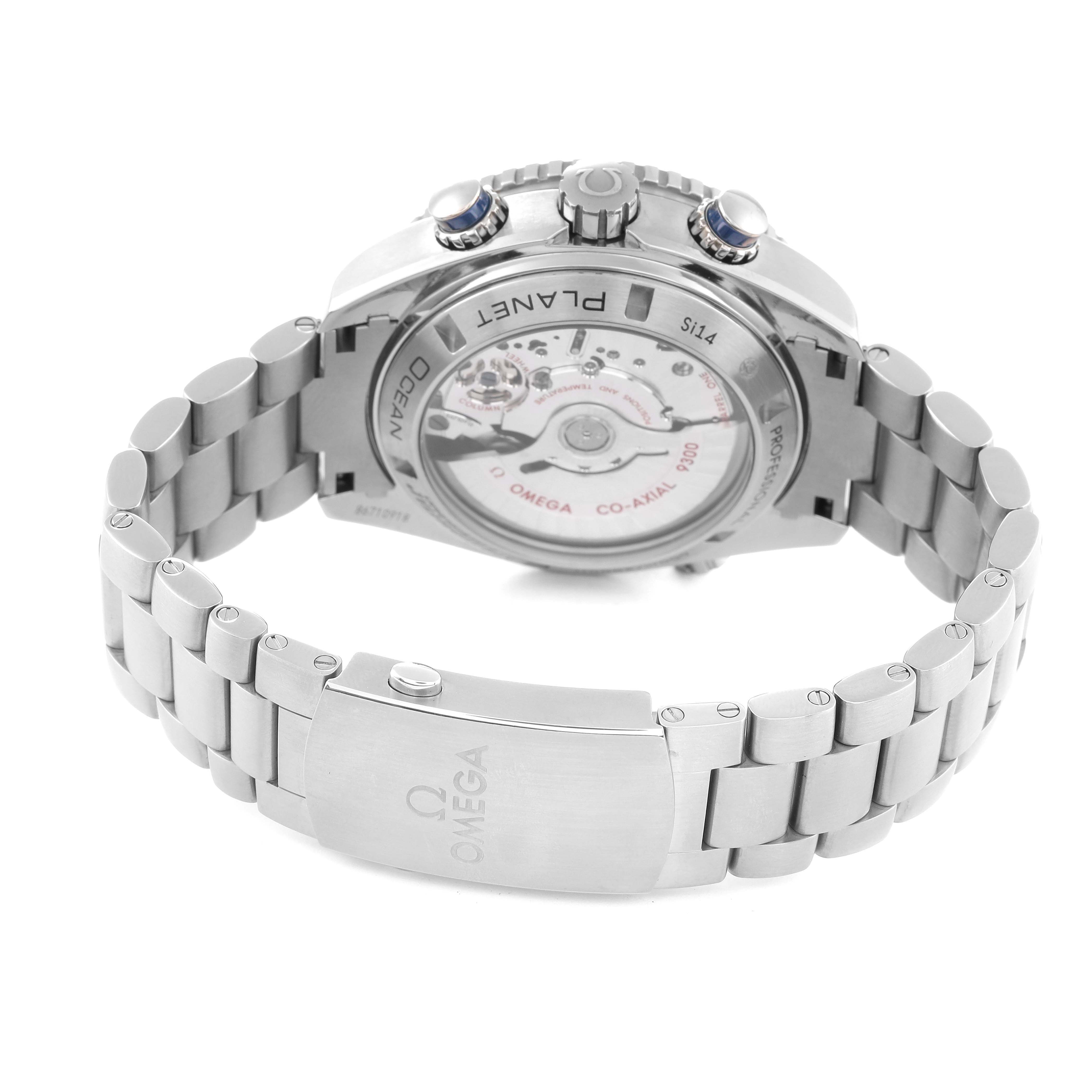 The image shows the back view of an Omega Planet Ocean 232.90.46.51.03.001 Men
s Titanium Blue Dial 232.90.46.51.03.001 Men
s Titanium Blue Dial watch, highlighting the mechanism and bracelet clasp.