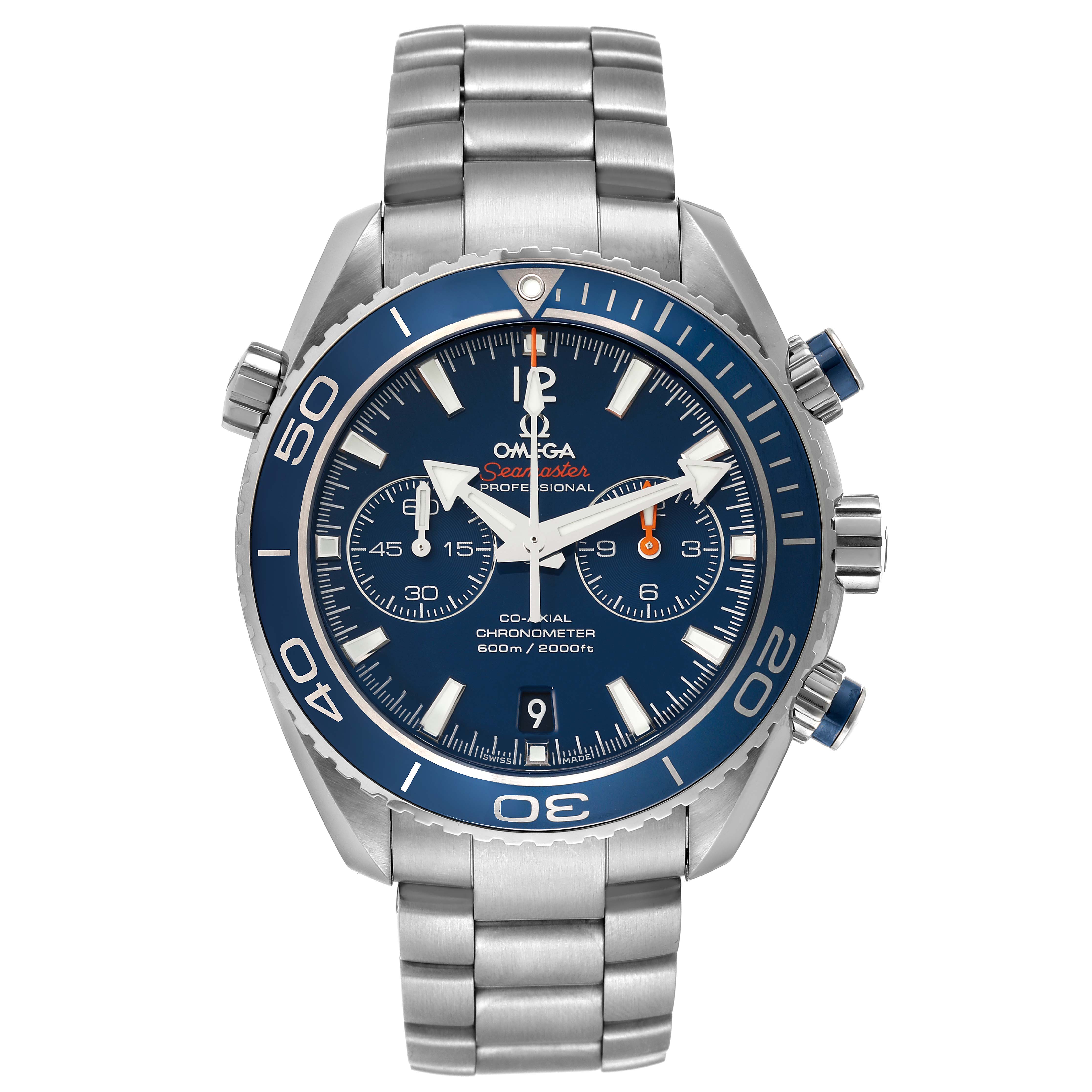 The image shows a front view of the Omega Planet Ocean 232.90.46.51.03.001 Men
s Titanium Blue Dial 232.90.46.51.03.001 Men
s Titanium Blue Dial watch, displaying its dial, bezel, crown, and stainless steel bracelet.