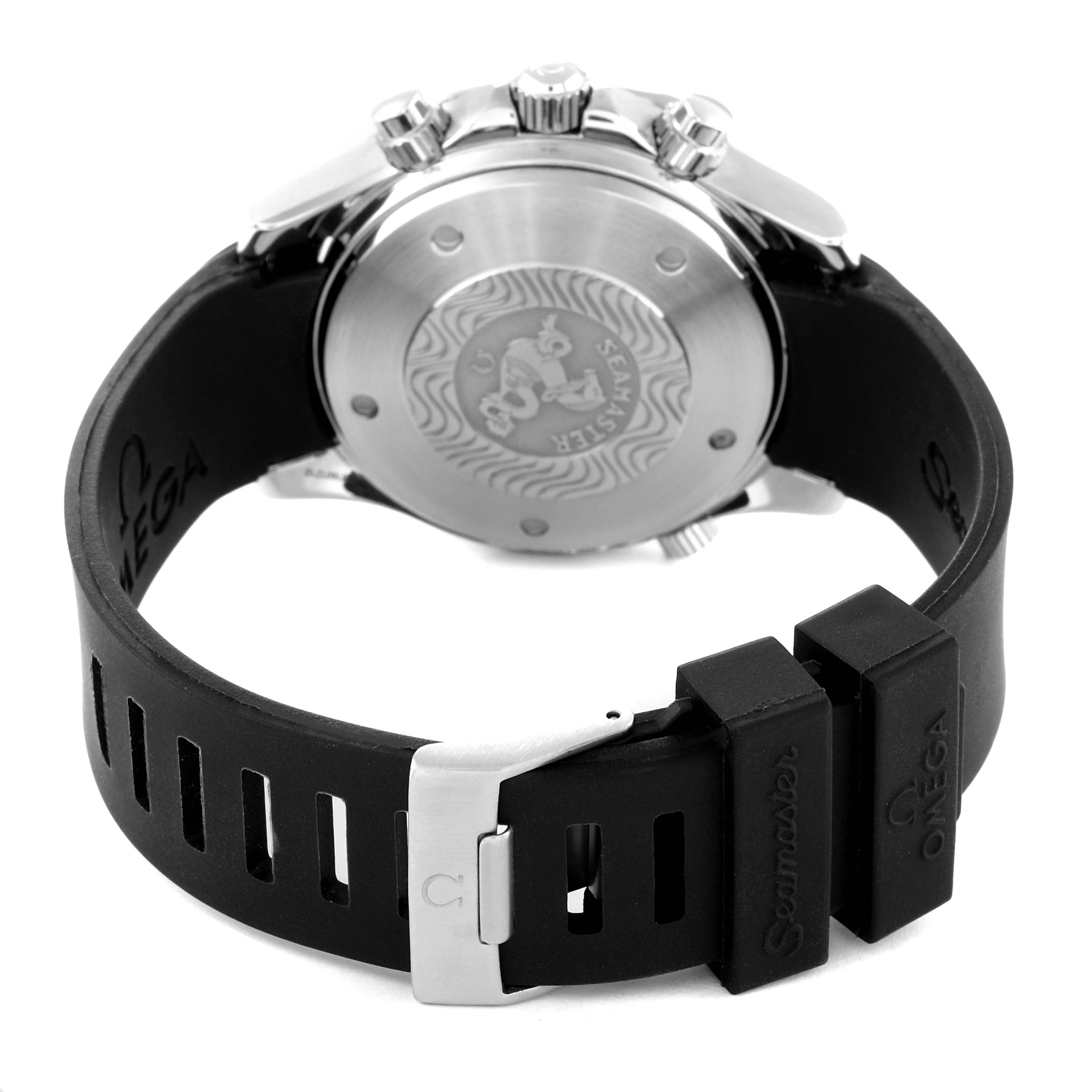 The image shows the back view of the Omega Seamaster 2599.80.00 Men's Stainless Steel Blue Dial 2599.80.00 Men's Stainless Steel Blue Dial watch, highlighting the case back, crown, pushers, and rubber strap with buckle.