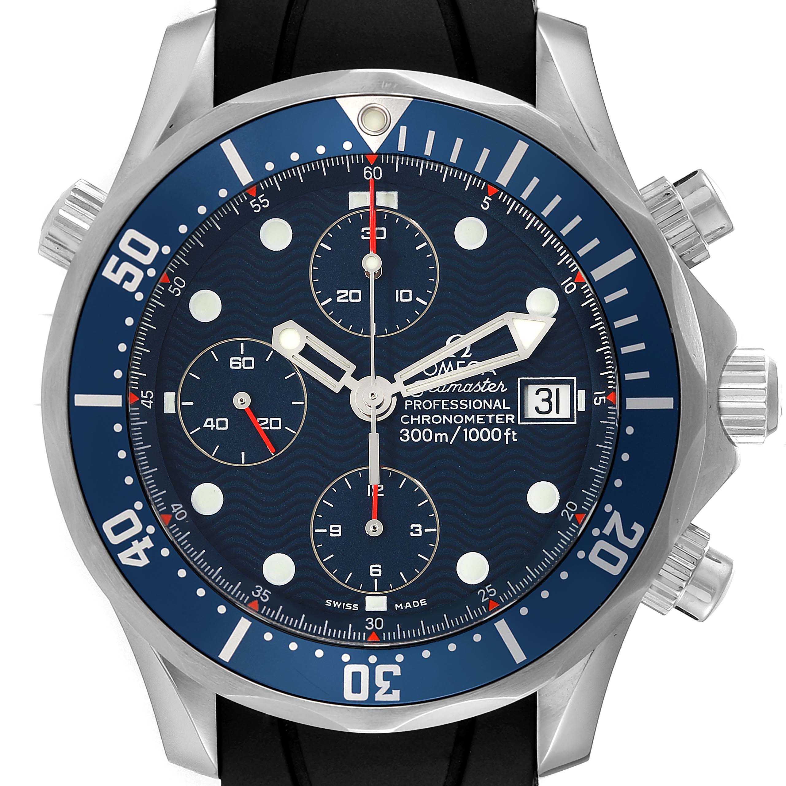 The Omega Seamaster 2599.80.00 Men's Stainless Steel Blue Dial 2599.80.00 Men's Stainless Steel Blue Dial watch is shown from the front, highlighting the dial, hands, subdials, bezel, and crown.