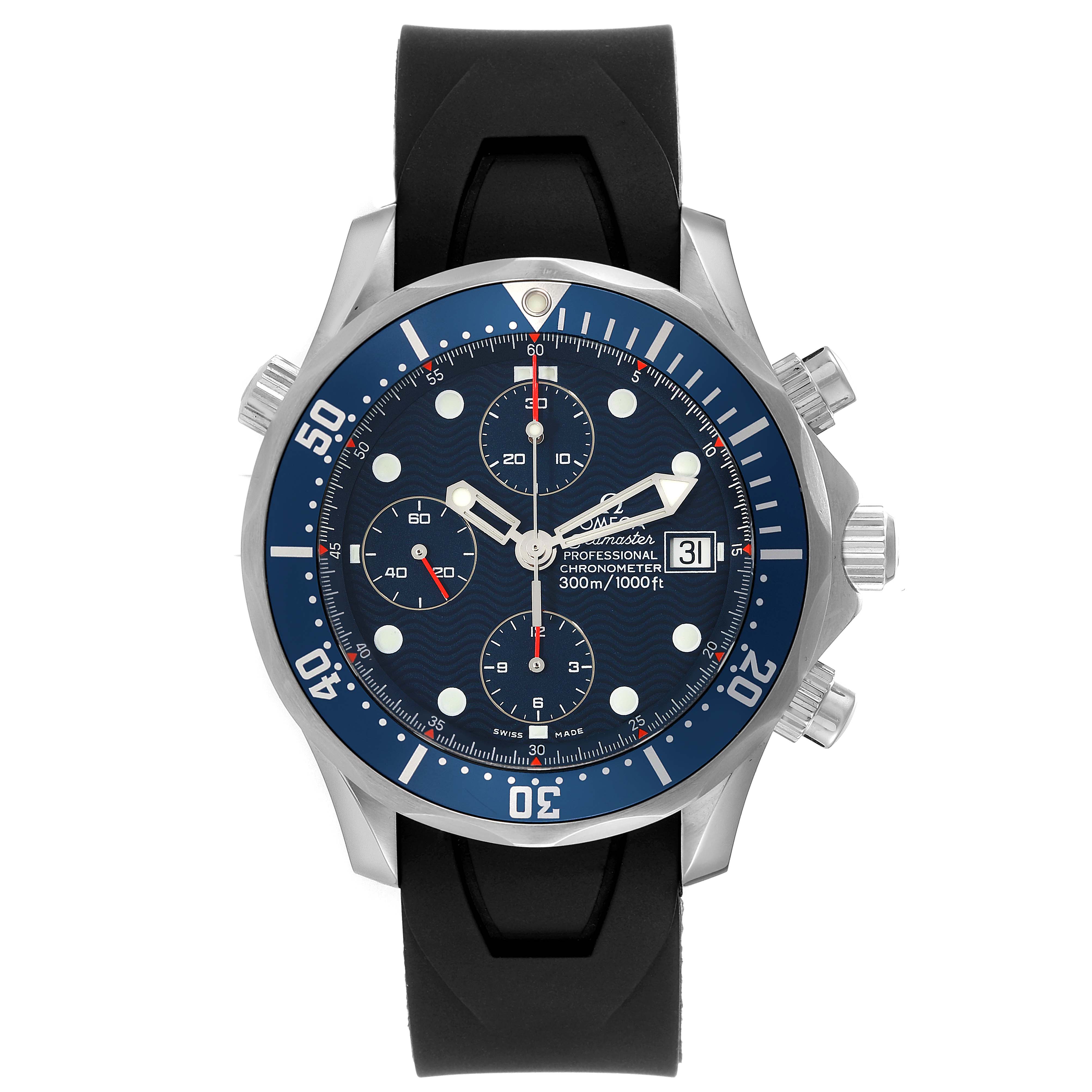 This image shows the front view of an Omega Seamaster 2599.80.00 Men's Stainless Steel Blue Dial 2599.80.00 Men's Stainless Steel Blue Dial watch with a black strap and blue dial.