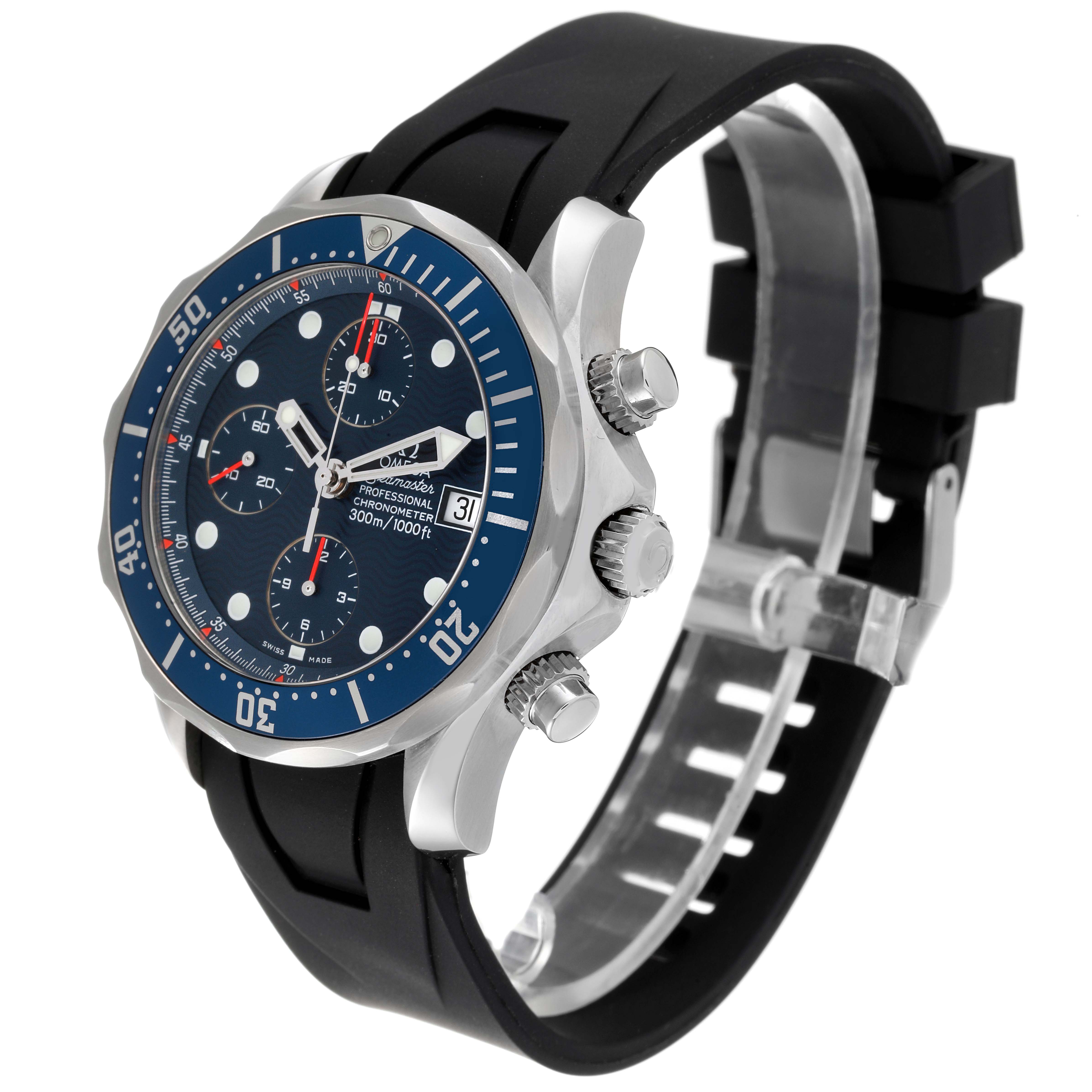 The Omega Seamaster 2599.80.00 Men's Stainless Steel Blue Dial 2599.80.00 Men's Stainless Steel Blue Dial watch is shown from a three-quarter side angle, highlighting the face, bezel, crown, and rubber strap.