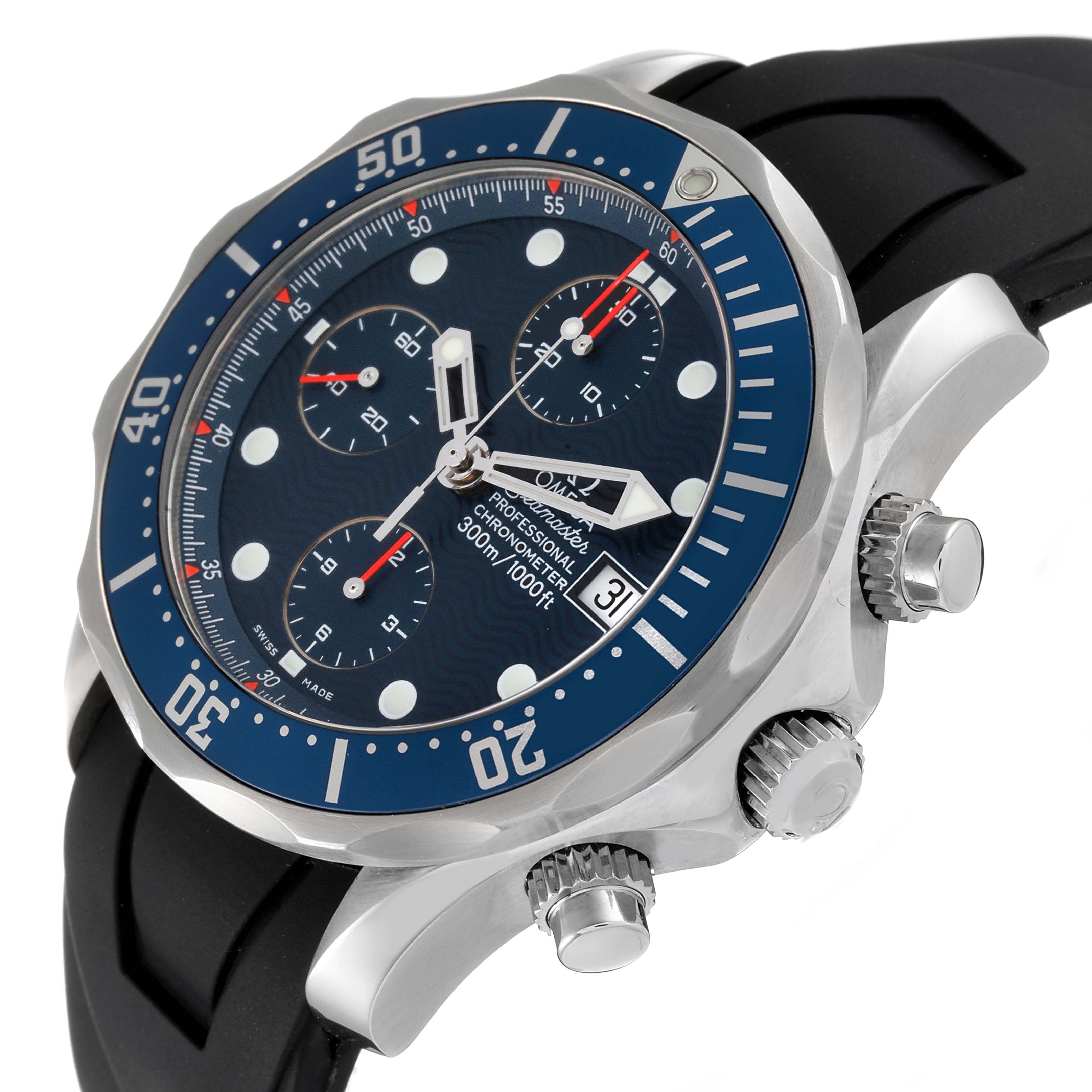The Omega Seamaster 2599.80.00 Men's Stainless Steel Blue Dial 2599.80.00 Men's Stainless Steel Blue Dial watch is shown from an angled view, highlighting the face, bezel, chronograph buttons, and rubber strap.