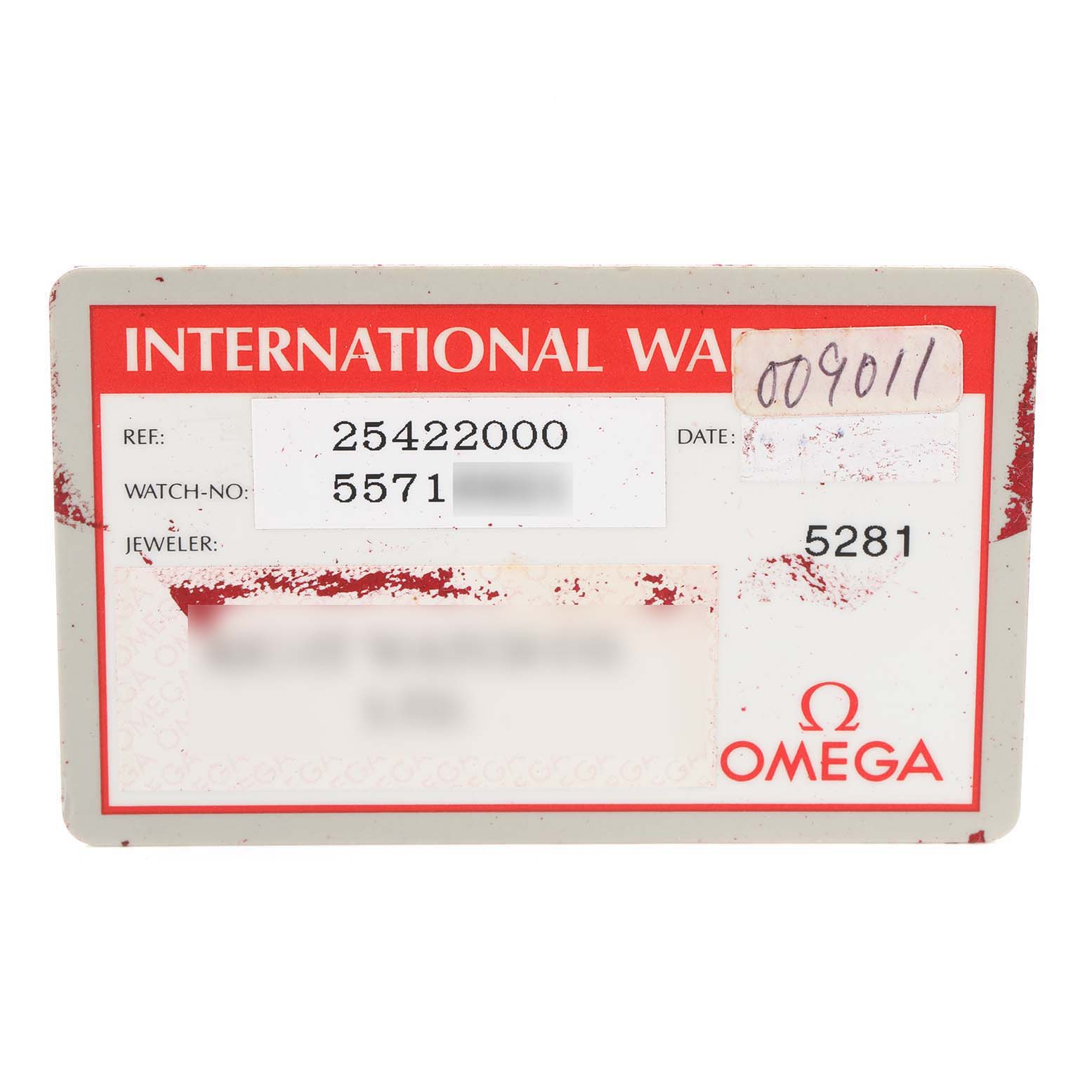 This image shows the International Warranty card for the Omega Seamaster 2542.20.00 Men
s Stainless Steel White Dial 2542.20.00 Men
s Stainless Steel White Dial model.