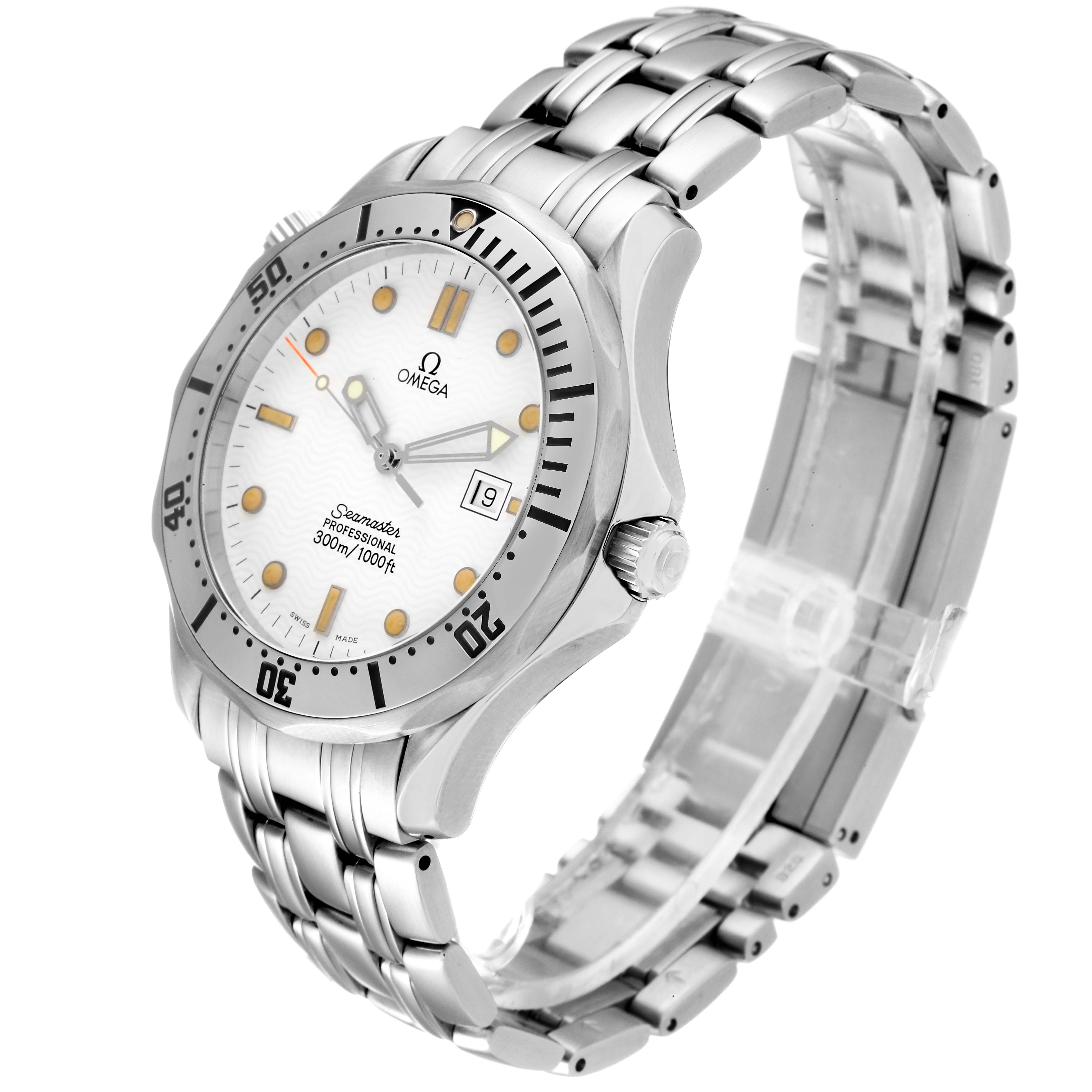 The image shows a side and three-quarter view of an Omega Seamaster 2542.20.00 Men
s Stainless Steel White Dial 2542.20.00 Men
s Stainless Steel White Dial watch, highlighting the dial, bezel, case, bracelet, and crown.