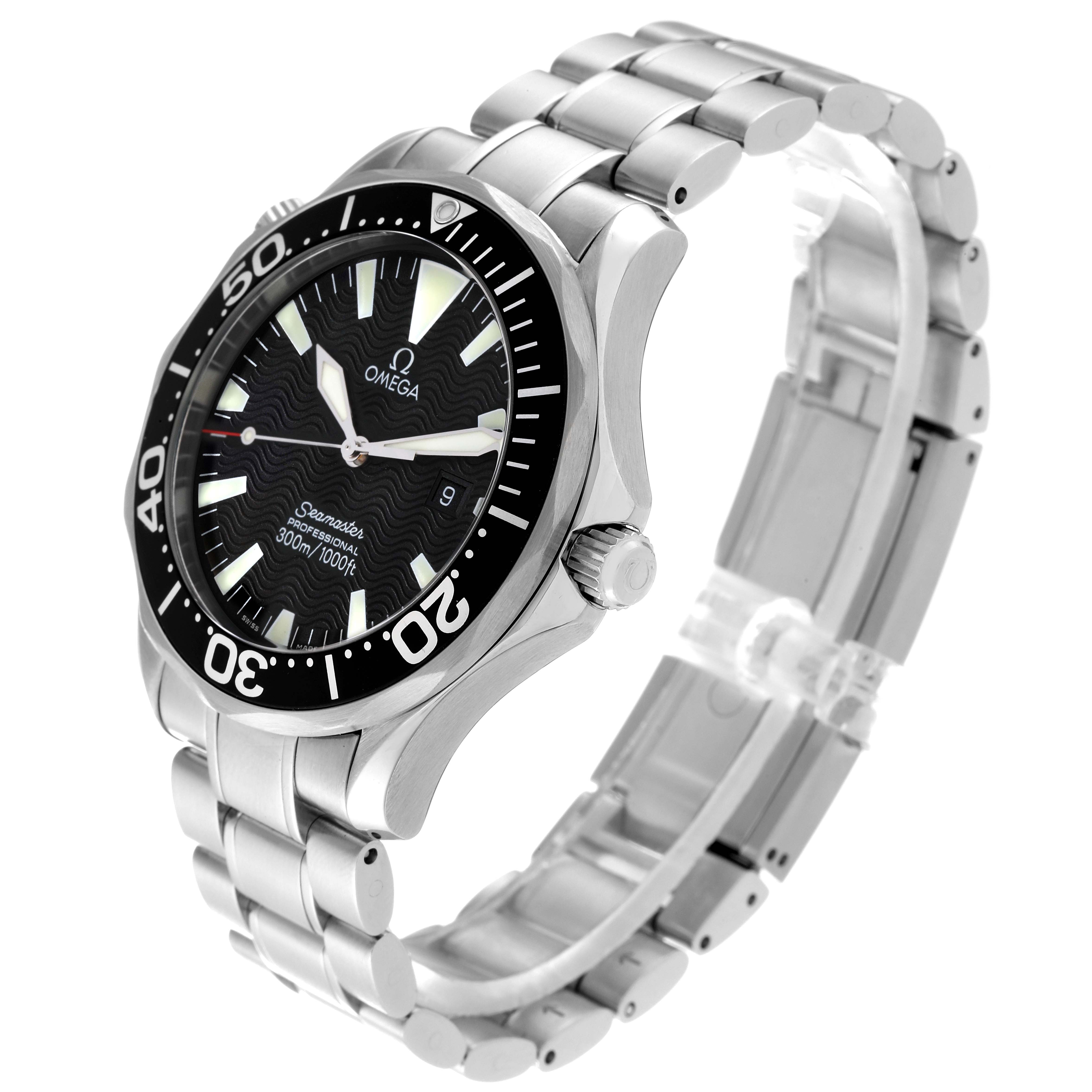 The Omega Seamaster 2264.50.00 Men
s Stainless Steel Black Dial 2264.50.00 Men
s Stainless Steel Black Dial watch is shown at a three-quarter angle, displaying the face, bezel, crown, and full bracelet.