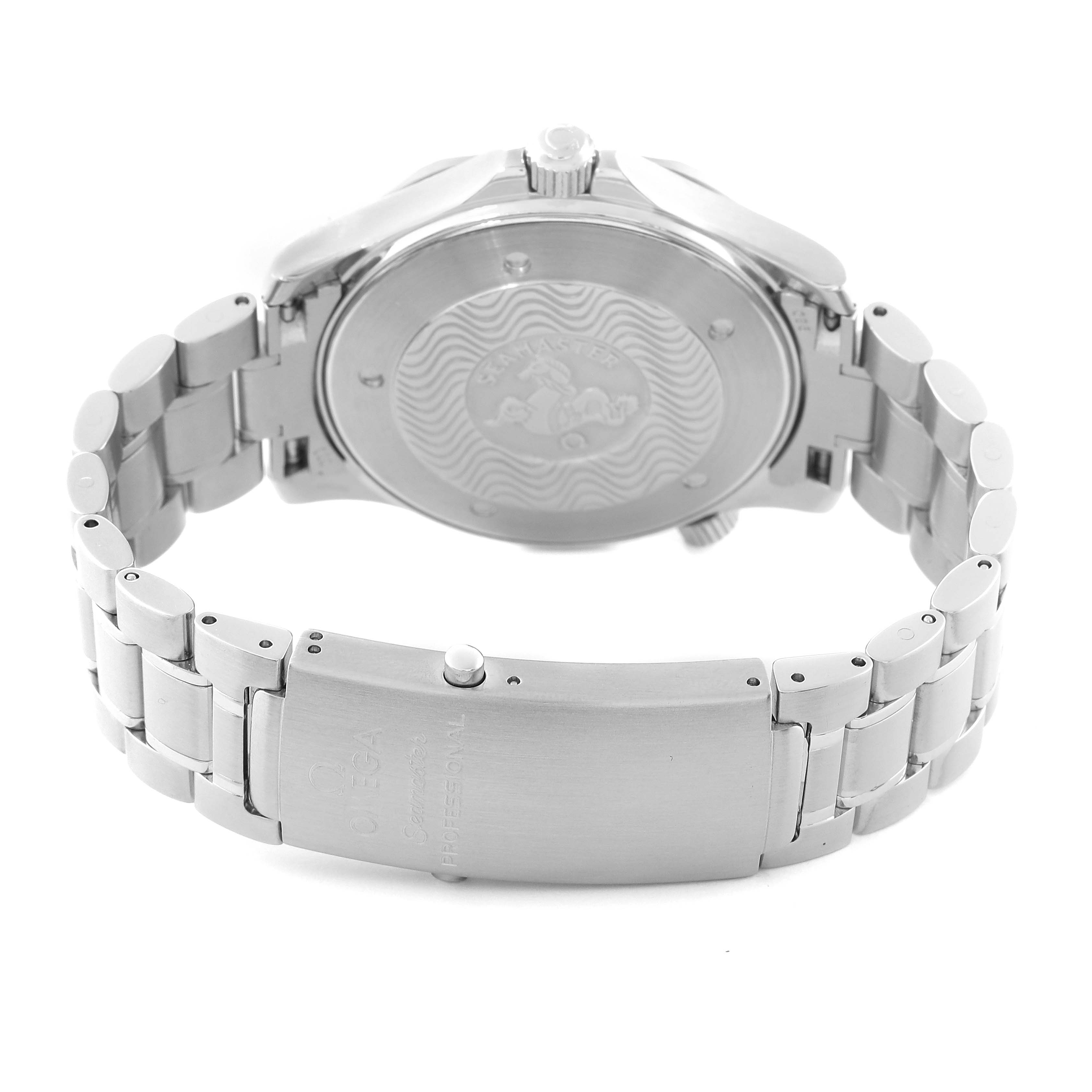 The image shows the back and clasp of an Omega Seamaster 2264.50.00 Men
s Stainless Steel Black Dial 2264.50.00 Men
s Stainless Steel Black Dial watch, highlighting the case back and metal bracelet.