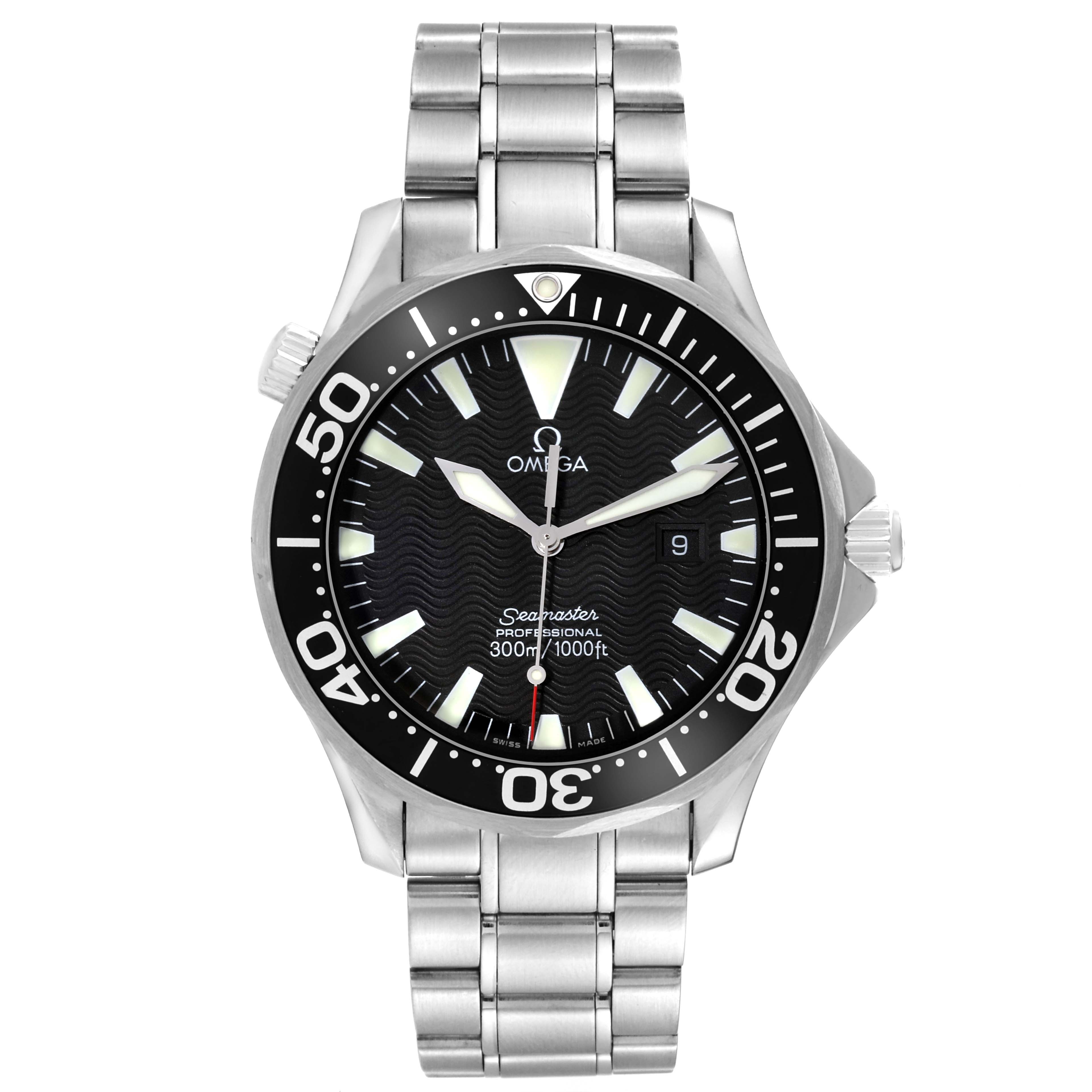 The Omega Seamaster 2264.50.00 Men
s Stainless Steel Black Dial 2264.50.00 Men
s Stainless Steel Black Dial watch is shown from the front, displaying the dial, bezel, and metal bracelet.