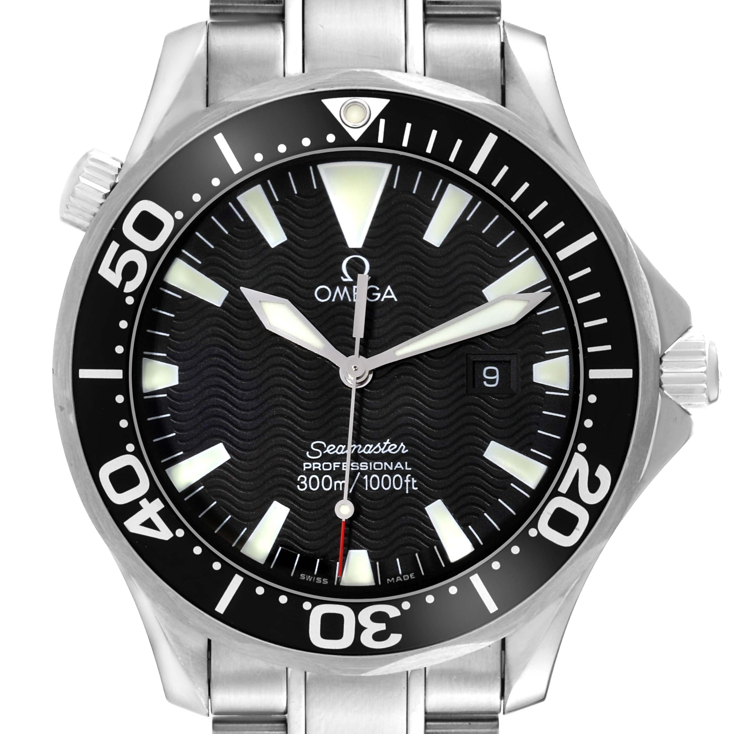 The image shows a front view of the Omega Seamaster 2264.50.00 Men
s Stainless Steel Black Dial 2264.50.00 Men
s Stainless Steel Black Dial watch, highlighting its dial, bezel, crown, and part of the stainless steel strap.
