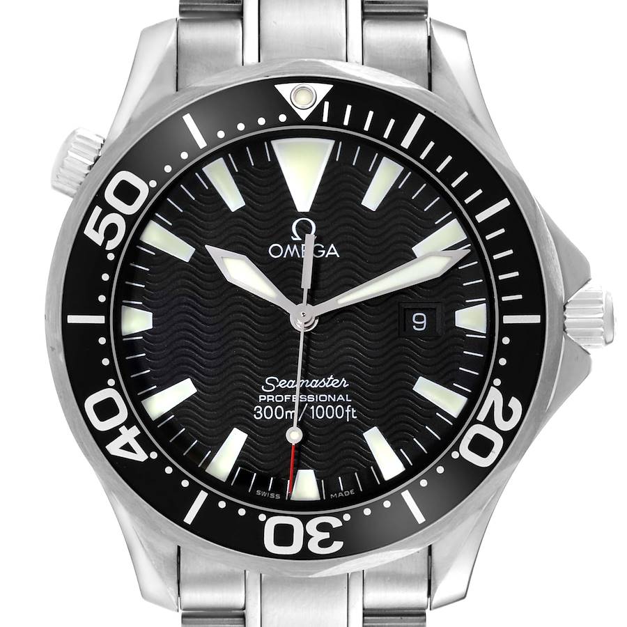 The image shows a front view of the Omega Seamaster watch, highlighting its dial, bezel, crown, and part of the stainless steel strap.