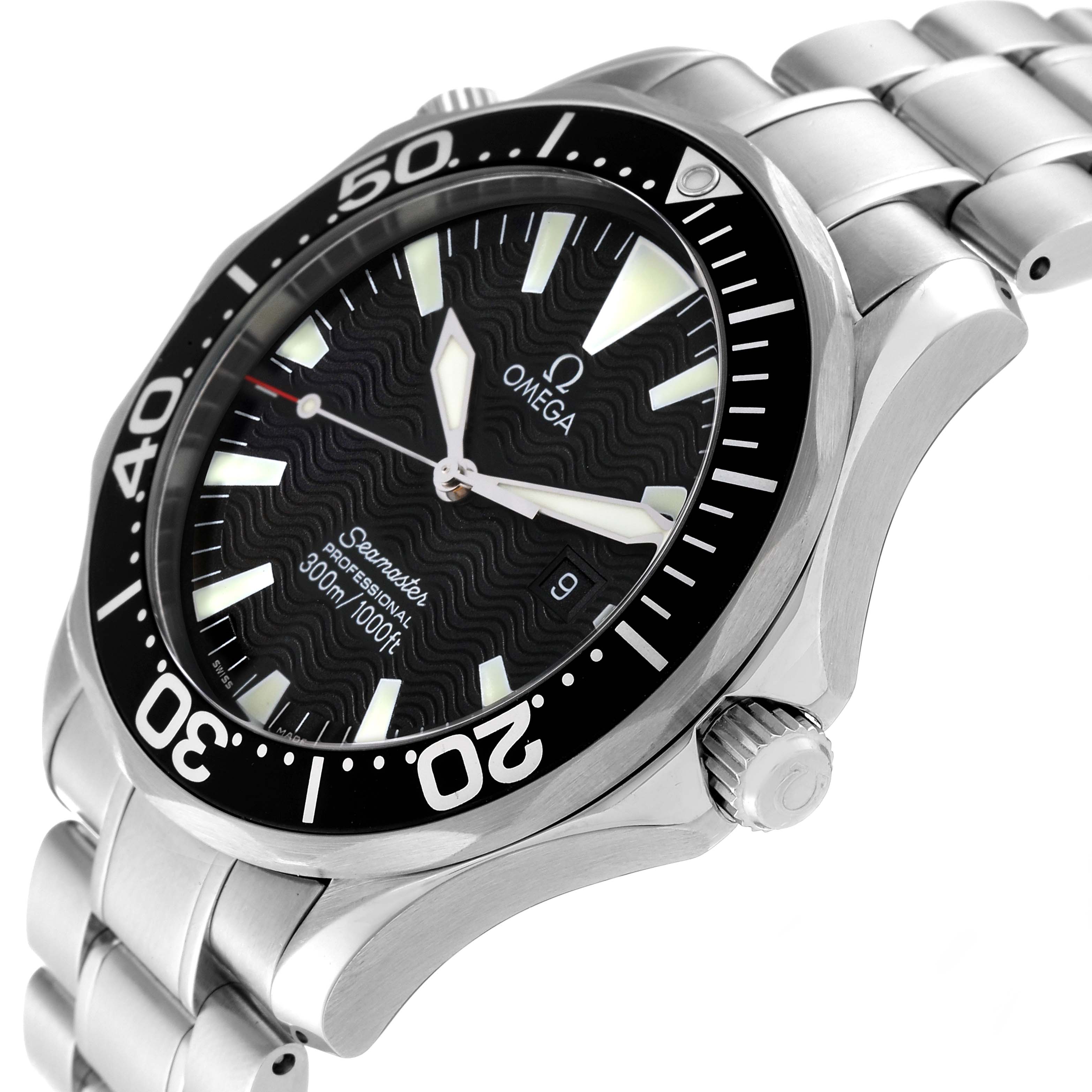 The image shows an angled view of the Omega Seamaster 2264.50.00 Men
s Stainless Steel Black Dial 2264.50.00 Men
s Stainless Steel Black Dial watch, featuring its bezel, face, and partial bracelet.