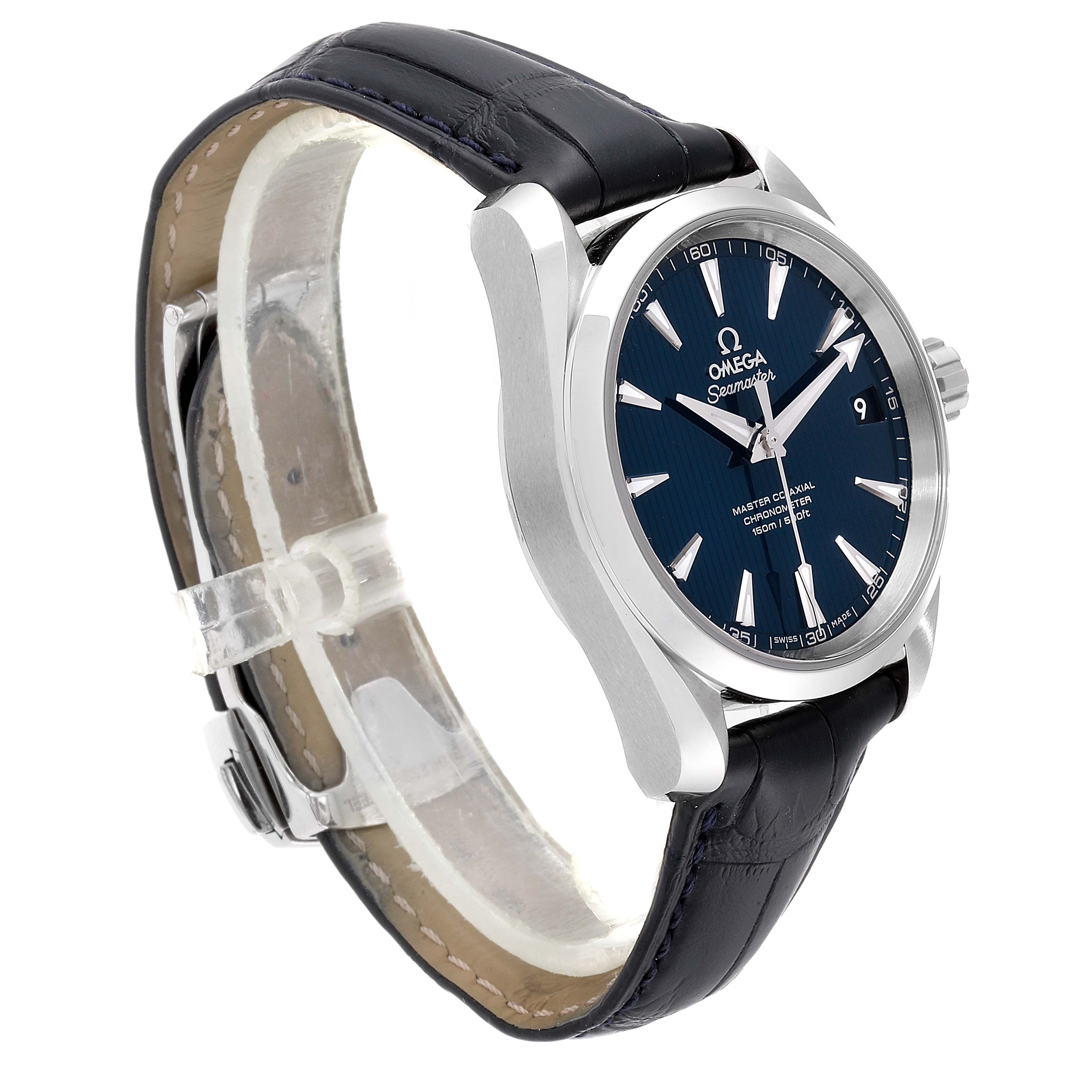 The image shows the Omega Aqua Terra  Men's Stainless Steel Blue Dial  Men's Stainless Steel Blue Dial watch at an angle, displaying its face, crown, and part of the strap.