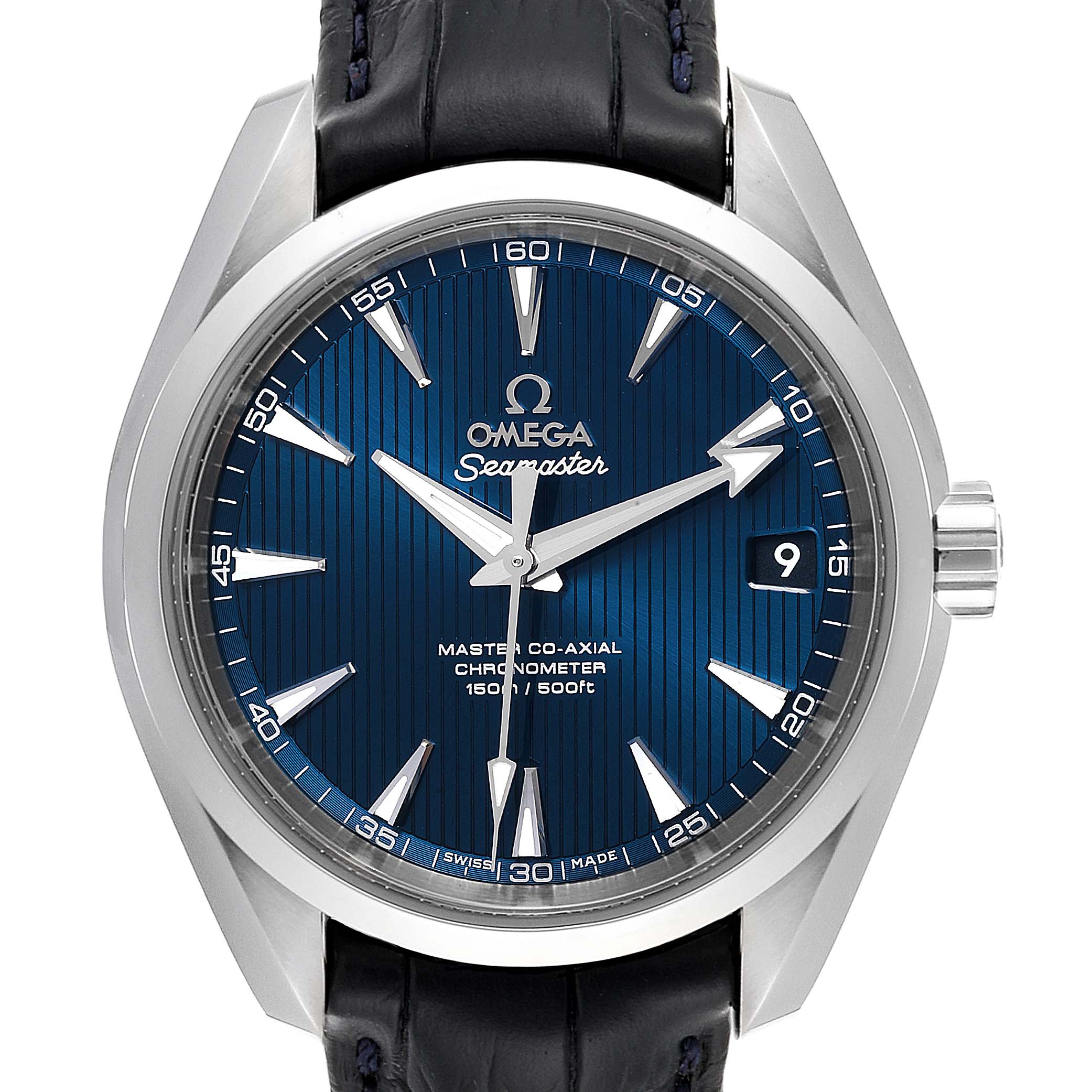 The Omega Aqua Terra  Men's Stainless Steel Blue Dial  Men's Stainless Steel Blue Dial Seamaster watch is shown from a front angle, highlighting the blue dial, hands, crown, and part of the leather strap.
